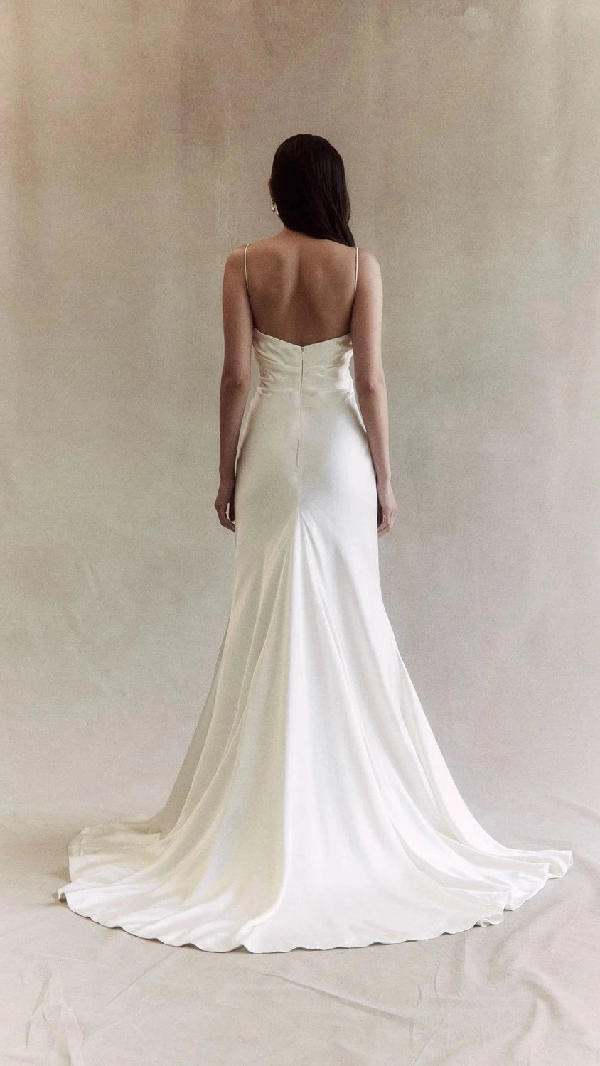 Elegant Trumpet Cowl Neck Spaghetti Strap Open Back Floor Length Wedding Dress