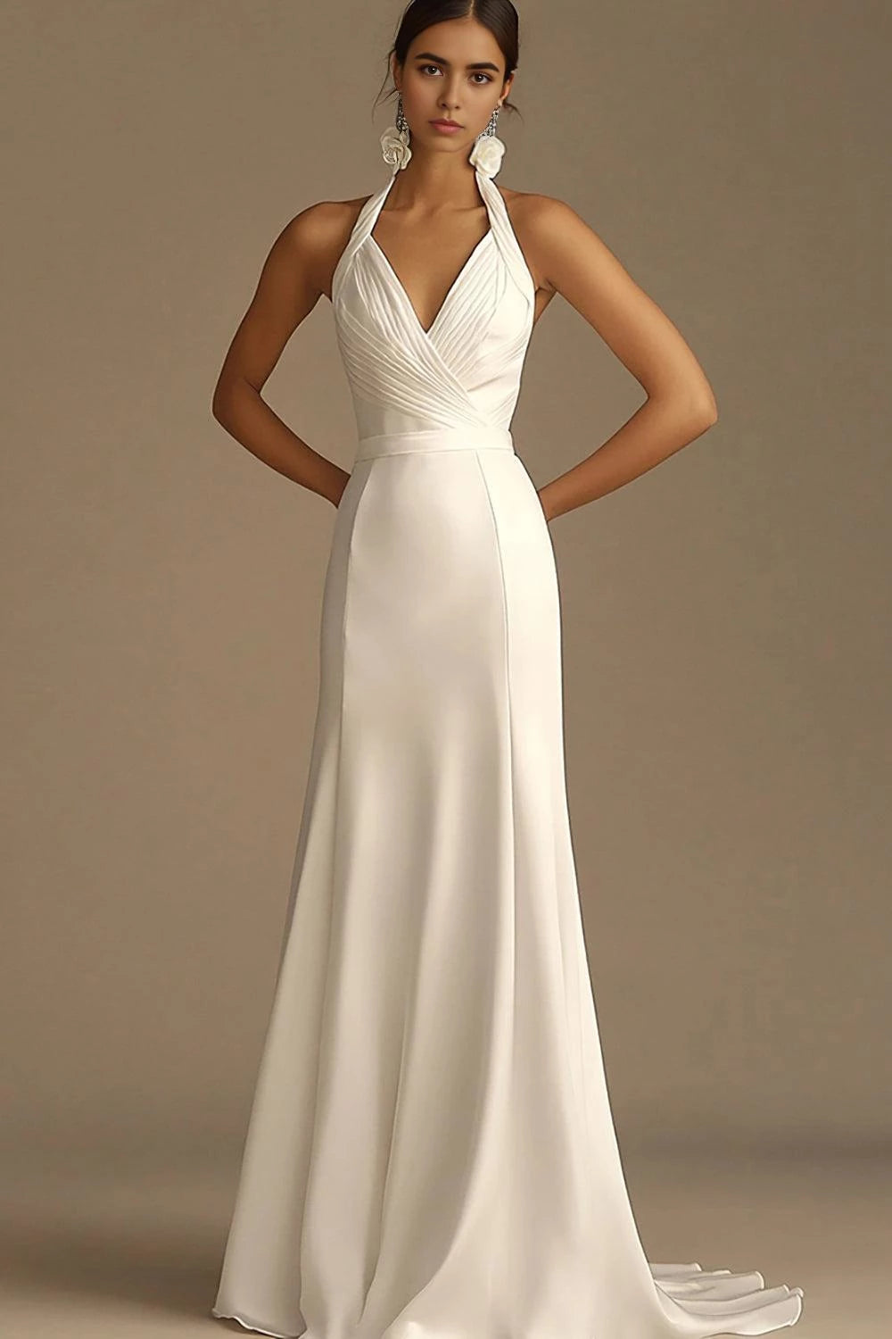 Elegant Trumpet Halter Deep V Neck Sleeveless Ruched Back Floor Length Wedding Dress