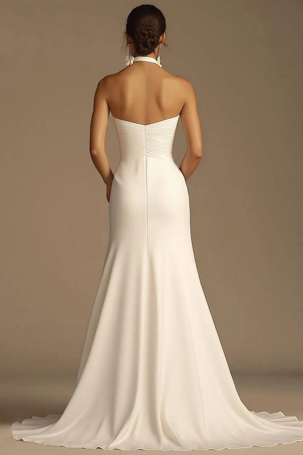 Elegant Trumpet Halter Deep V Neck Sleeveless Ruched Back Floor Length Wedding Dress
