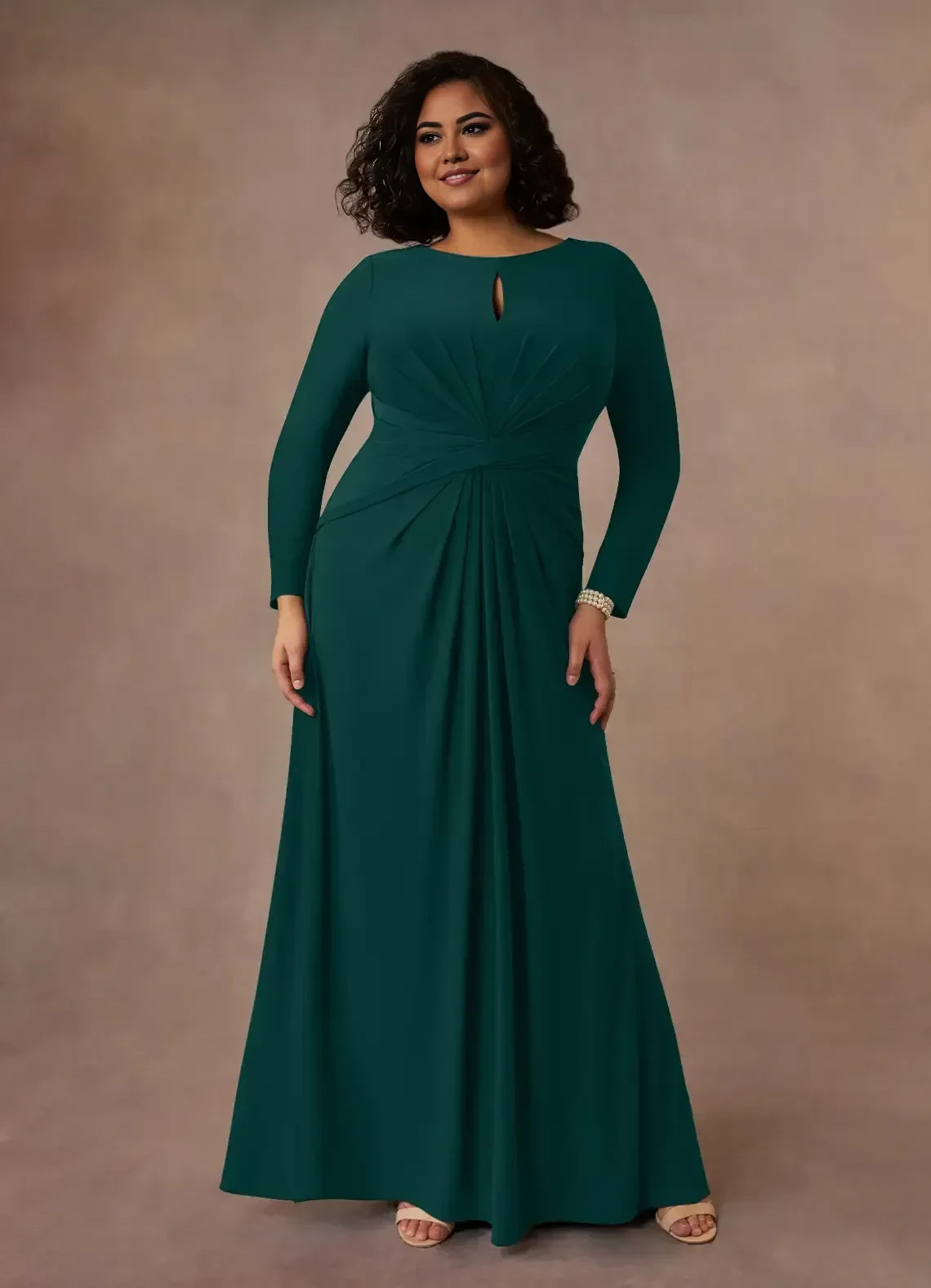 Elegant Trumpet Keyhole Neck Long Sleeve Zip Back Plus Size Floor Length Mother of the Bride Dress