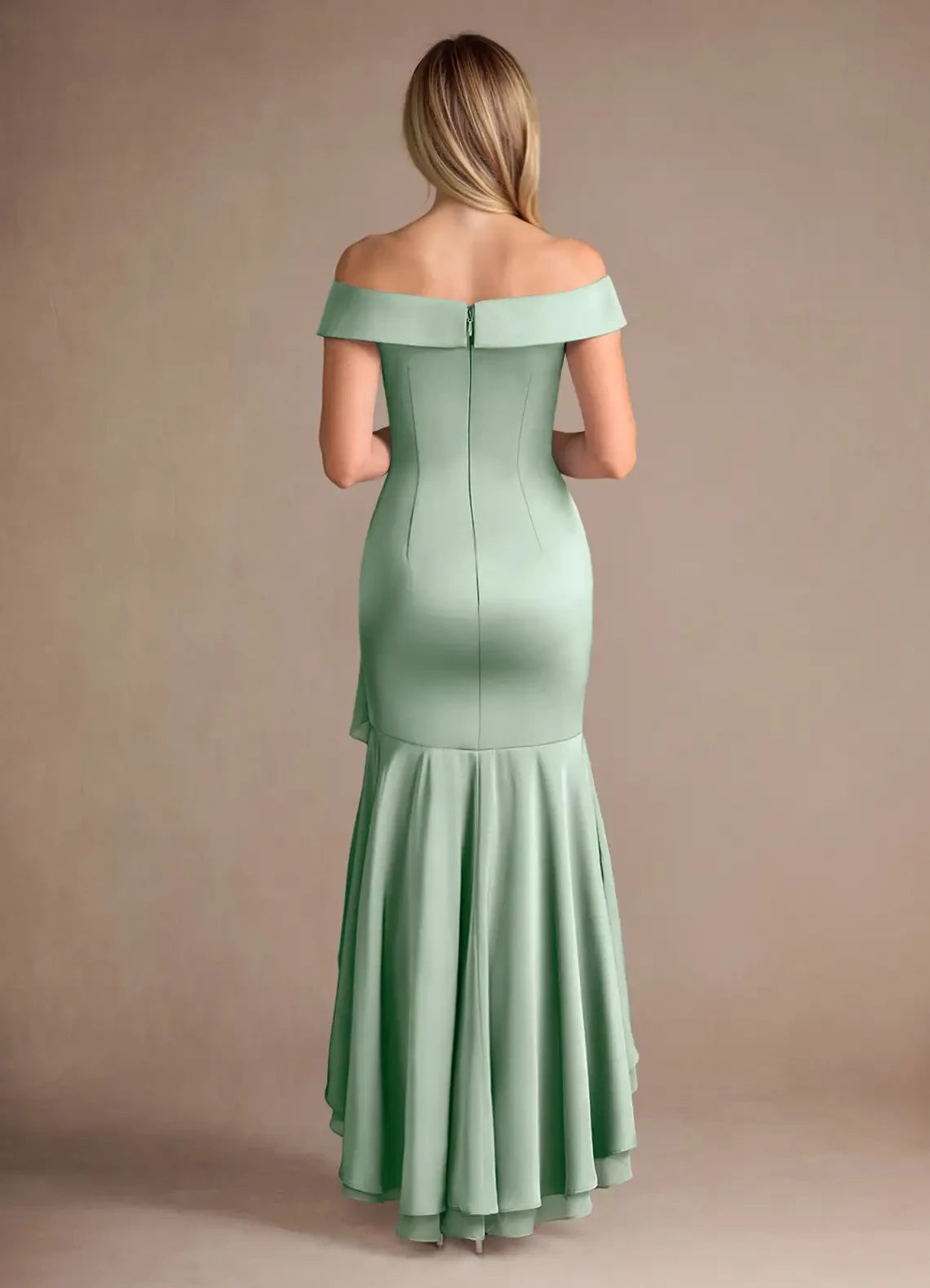 Elegant Trumpet Off Shoulder Sleeveless Zip Back High Low Mother of the Bride Dress