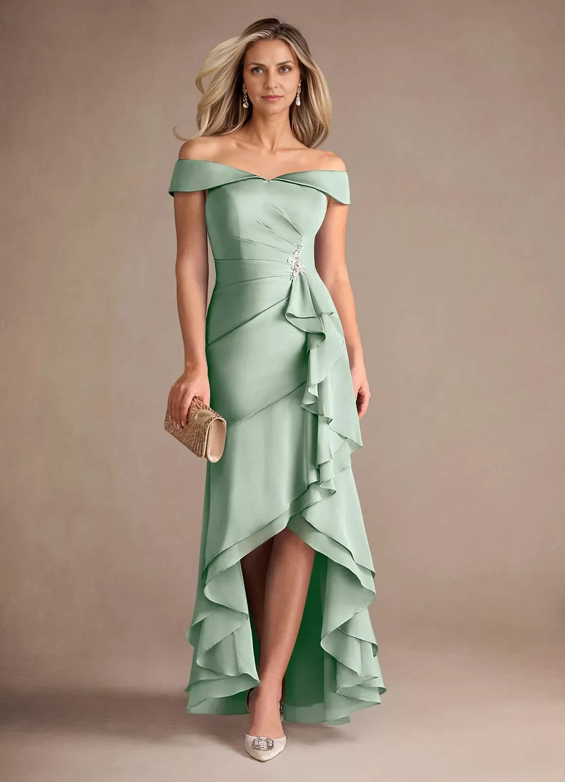 Elegant Trumpet Off Shoulder Sleeveless Zip Back High Low Mother of the Bride Dress