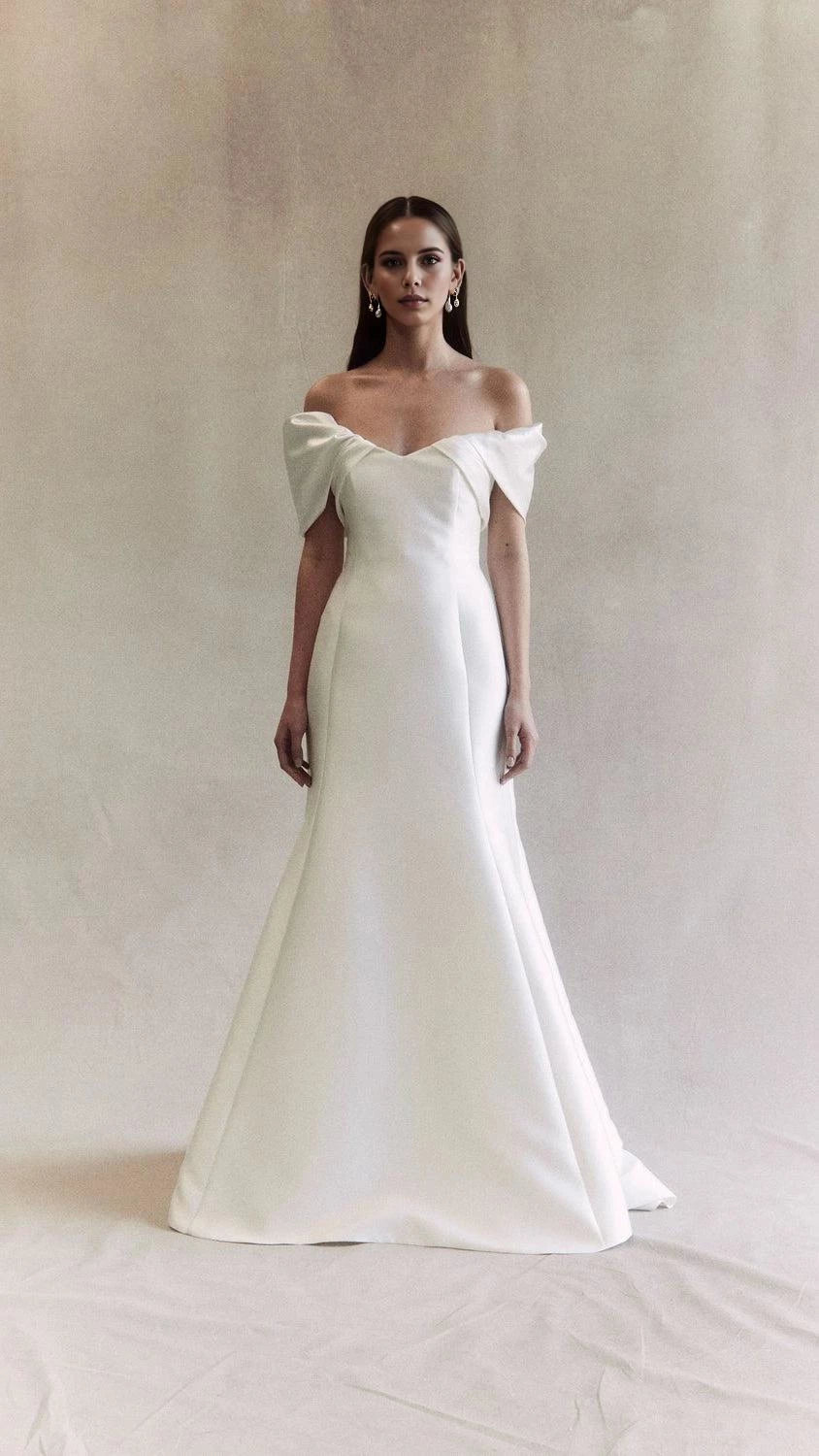 Elegant Trumpet Off The Shoulder Short Sleeve Bow Back Floor Length Wedding Dress