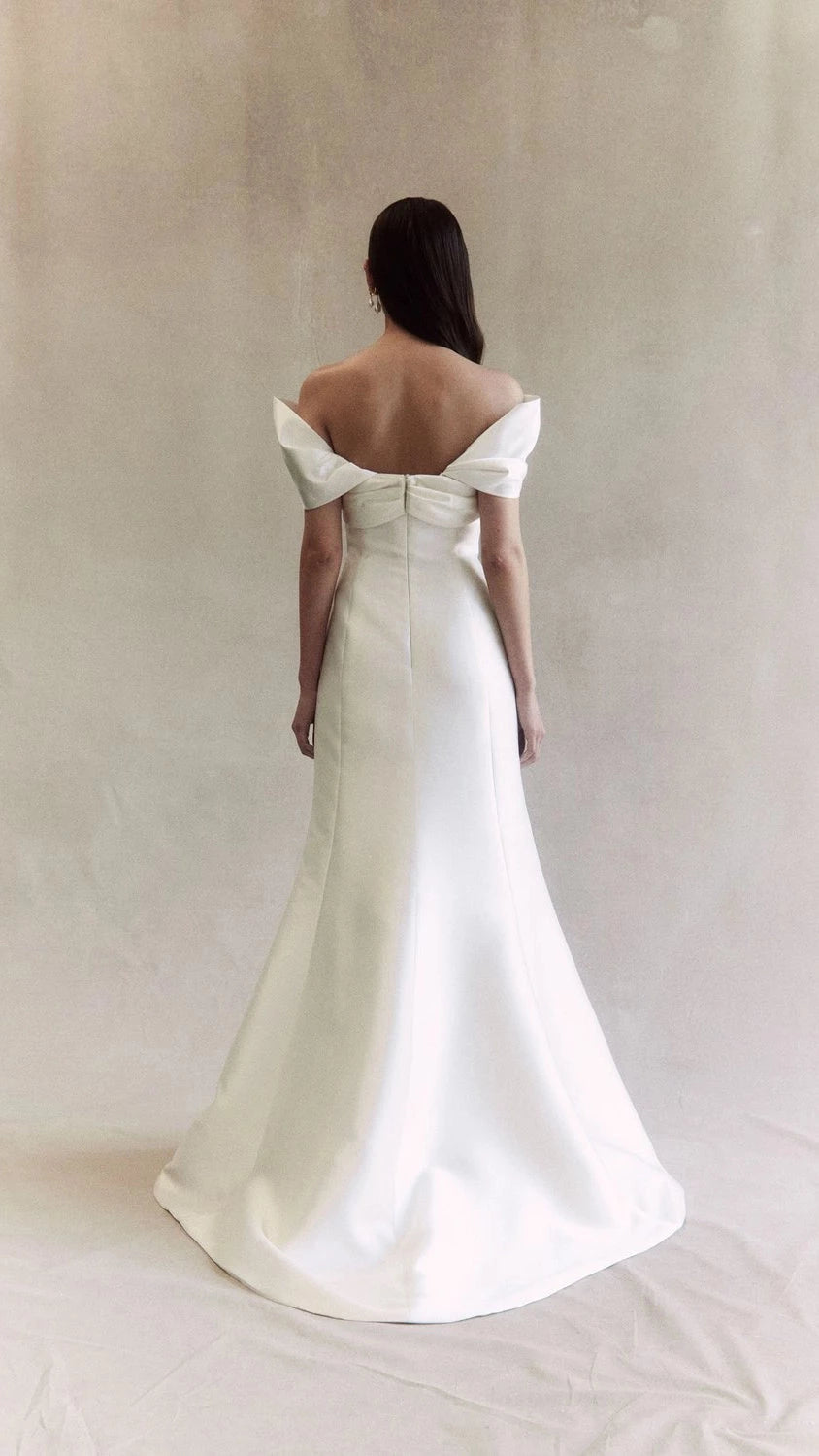 Elegant Trumpet Off The Shoulder Short Sleeve Bow Back Floor Length Wedding Dress