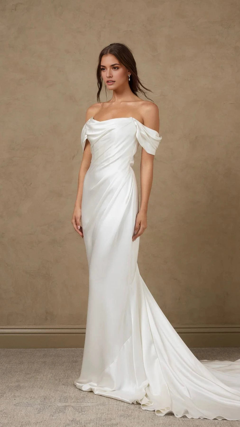 Elegant Trumpet Off The Shoulder Short Sleeve V Back Floor Length Wedding Dress