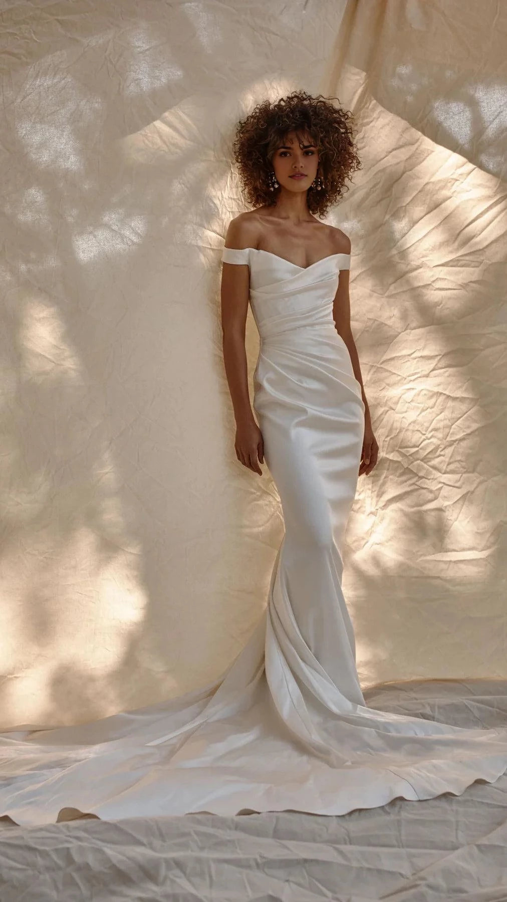 Elegant Trumpet Off The Shoulder Short Sleeve Zip Back Floor Length Wedding Dress