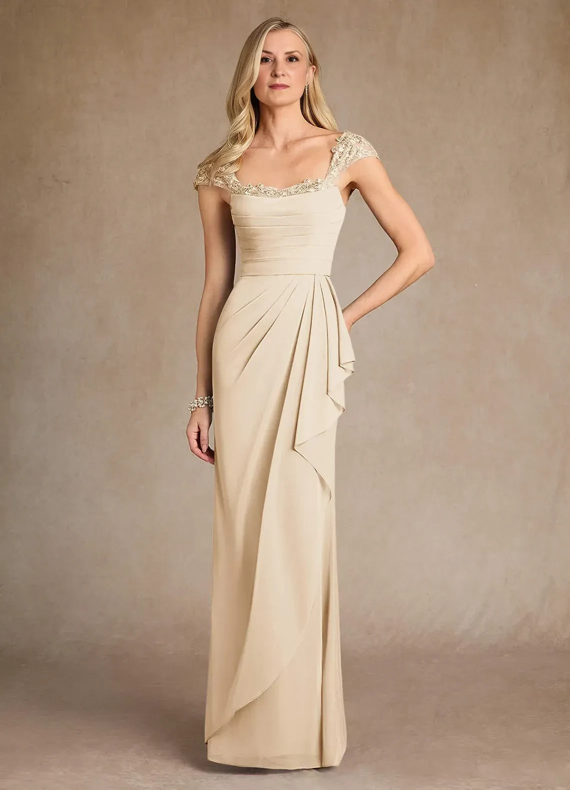 Elegant Trumpet Sweetheart Neck Cap Sleeve Zip Back Floor Length Mother of the Bride Dress
