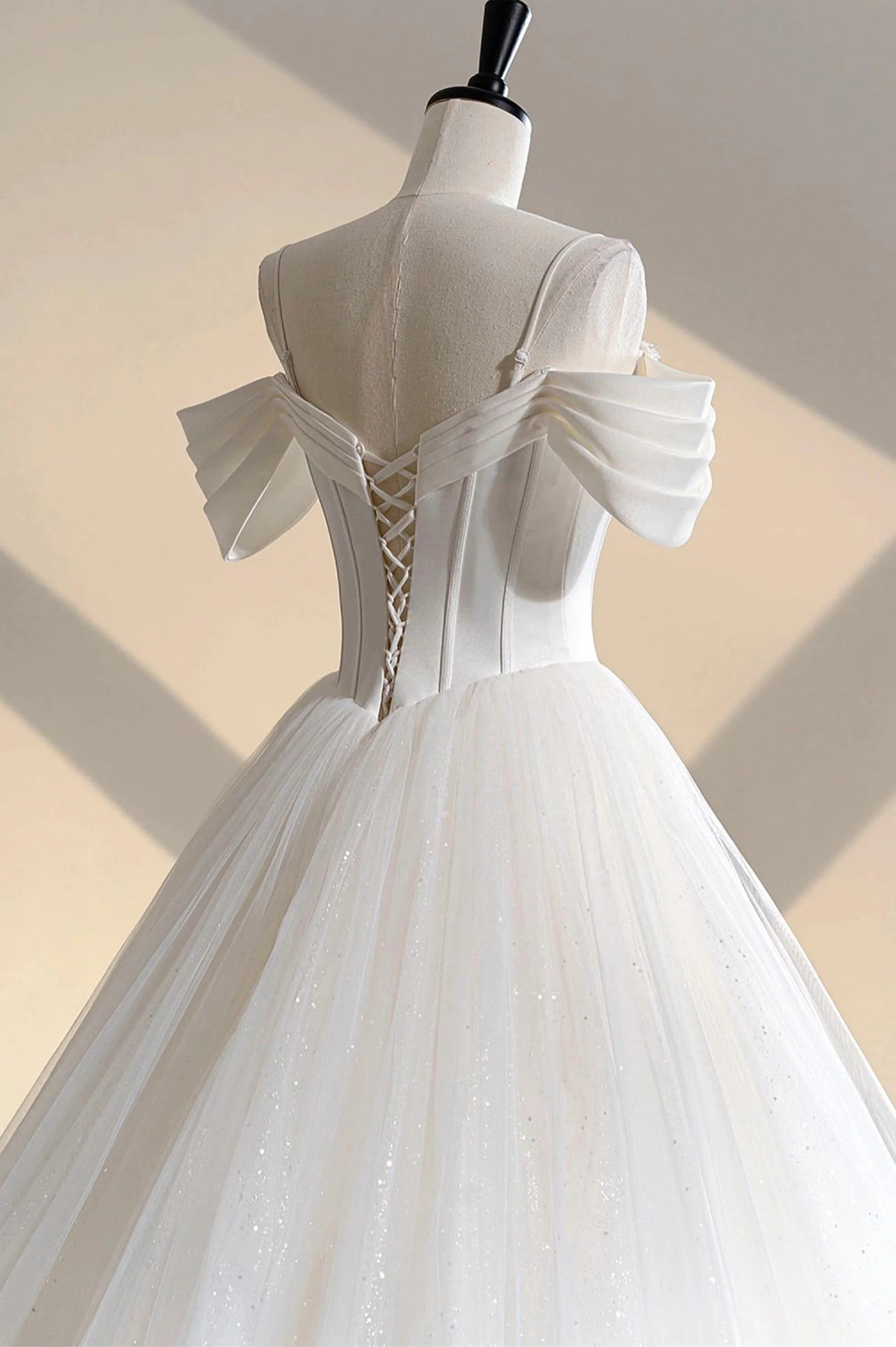Elegant A-Line Ivory Tulle Off the Shoulder Formal Gown Wedding Dress