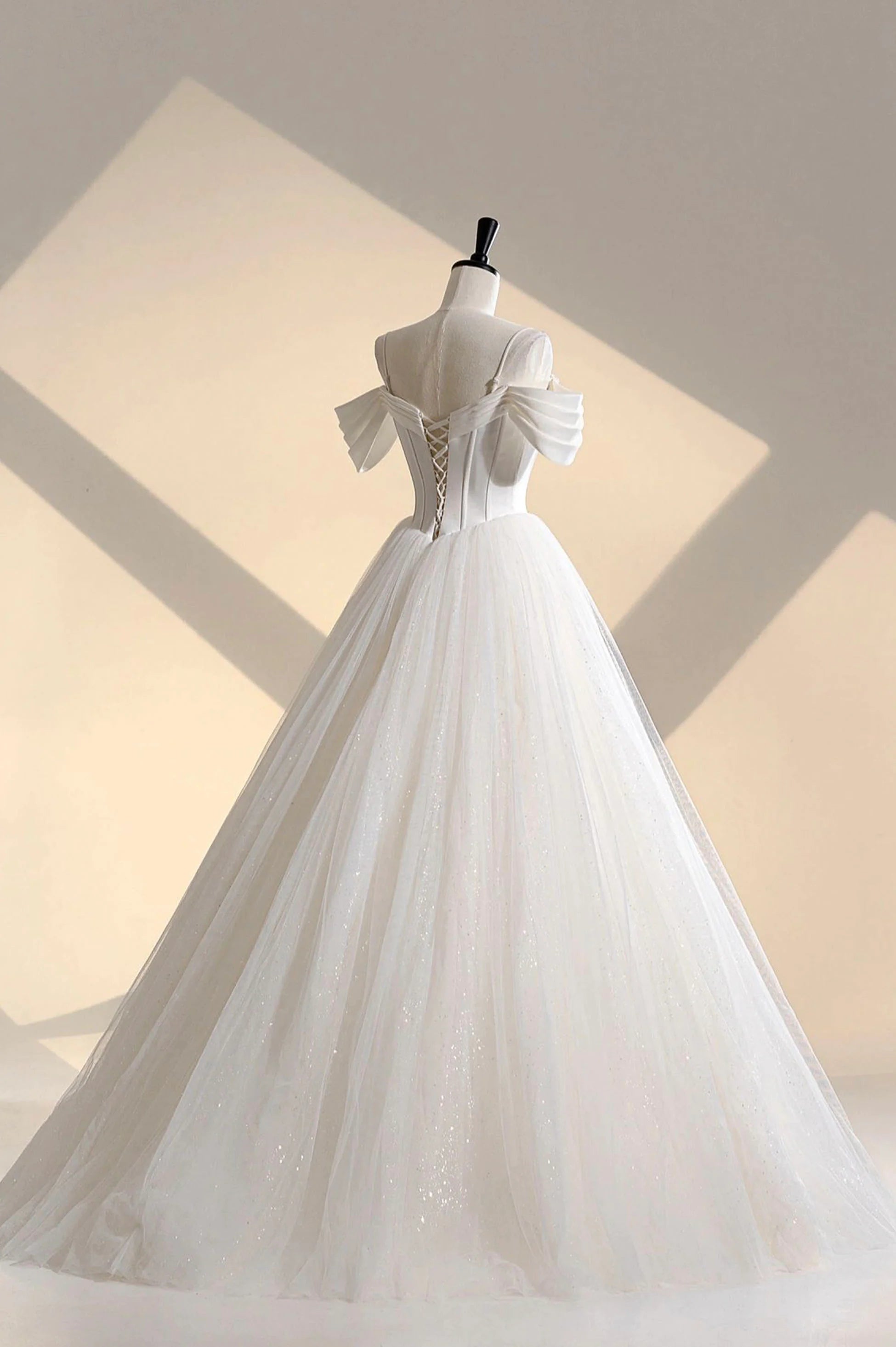 Elegant A-Line Ivory Tulle Off the Shoulder Formal Gown Wedding Dress