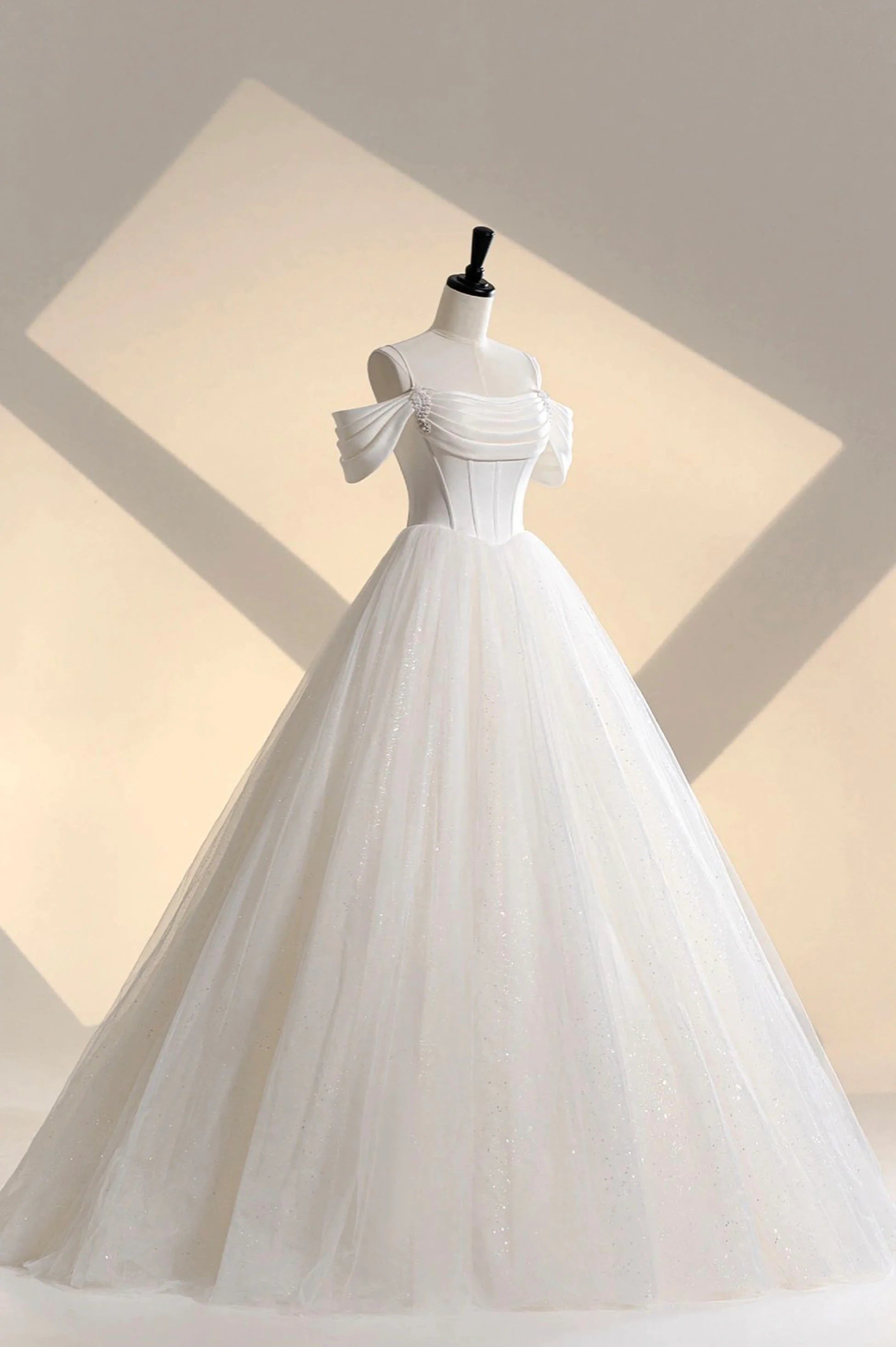 Elegant A-Line Ivory Tulle Off the Shoulder Formal Gown Wedding Dress