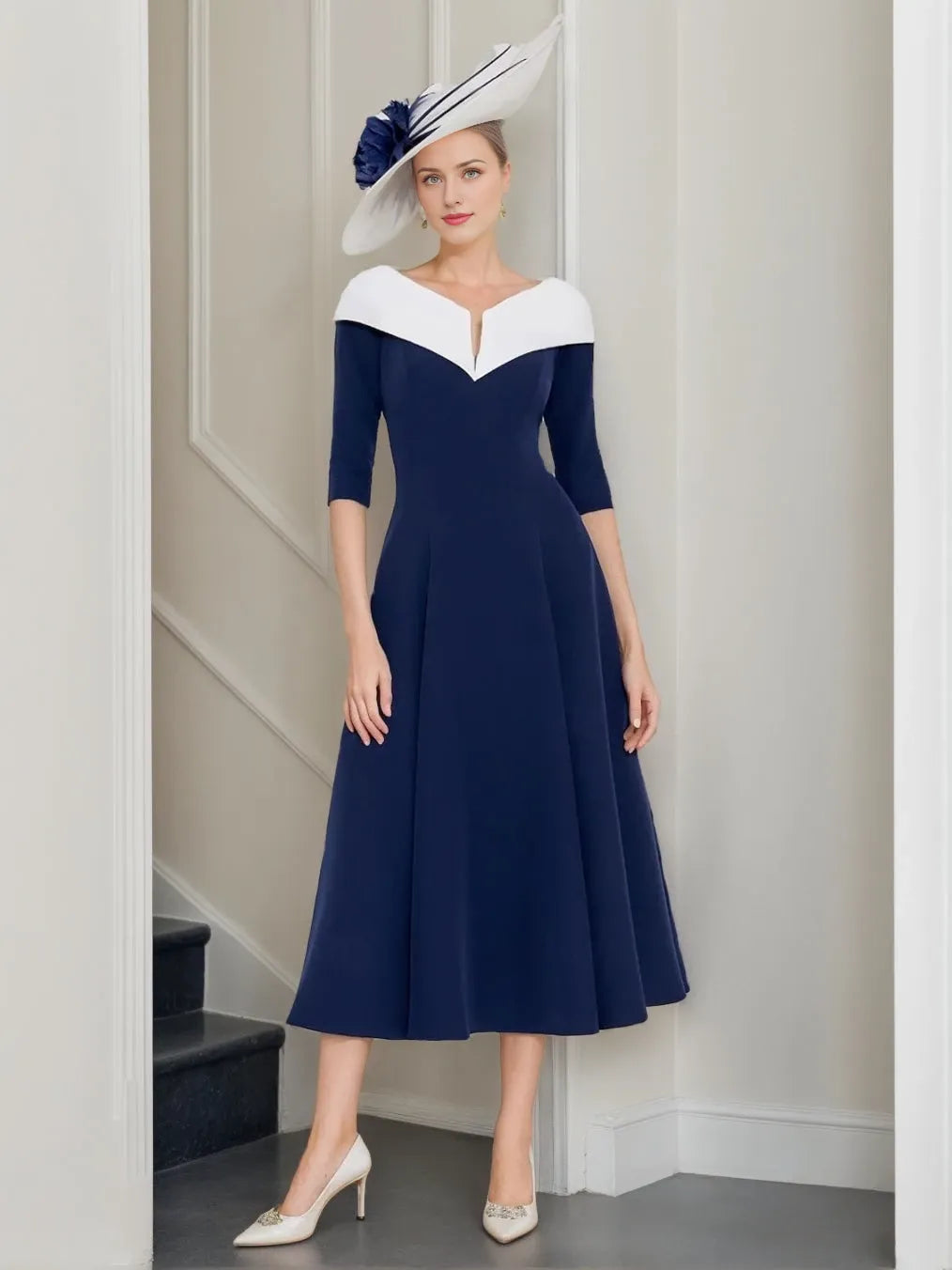 Elegant A-Line V-Neck Stretch Crepe Half Sleeves Tea-Length with Pleats Mother of the Bride Dresses