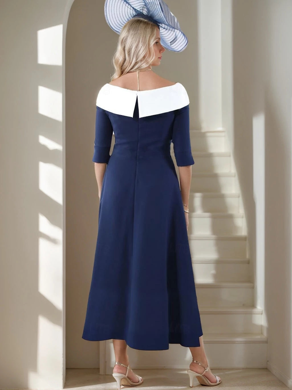 Elegant A-Line V-Neck Stretch Crepe Half Sleeves Tea-Length with Pleats Mother of the Bride Dresses
