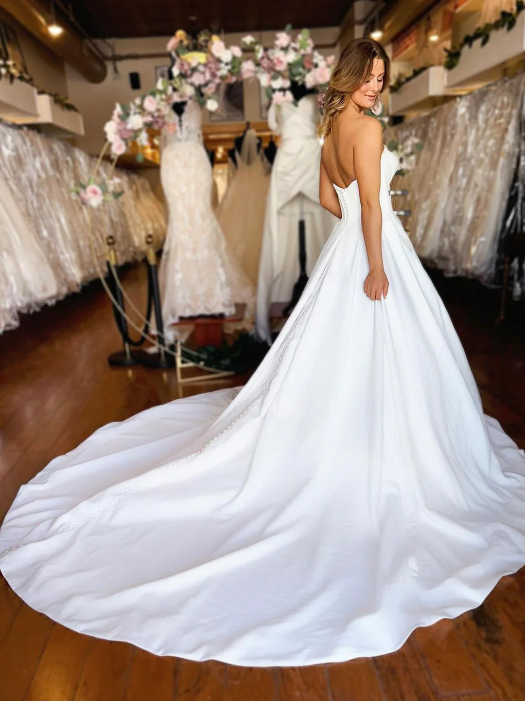 Elegant A-Line White Strapless Satin Long Prom Dress Evening Party Dress Wedding Dresses