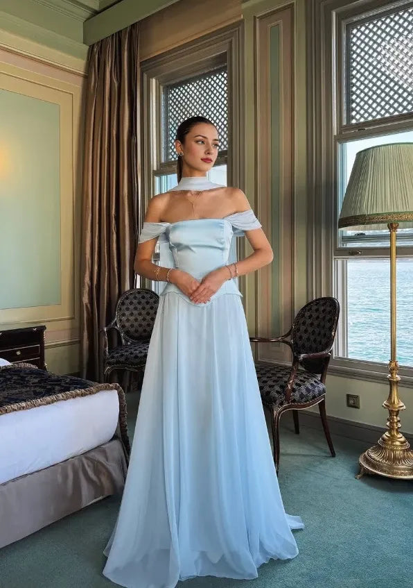 Elegant Baby Blue A Line Chiffon Satin Sleeveless Off-the-shoulder Floor length Prom Dress Cocktail Dress Homecoming Dress Evening Dress