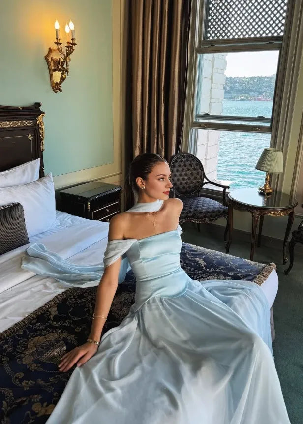 Elegant Baby Blue A Line Chiffon Satin Sleeveless Off-the-shoulder Floor length Prom Dress Cocktail Dress Homecoming Dress Evening Dress