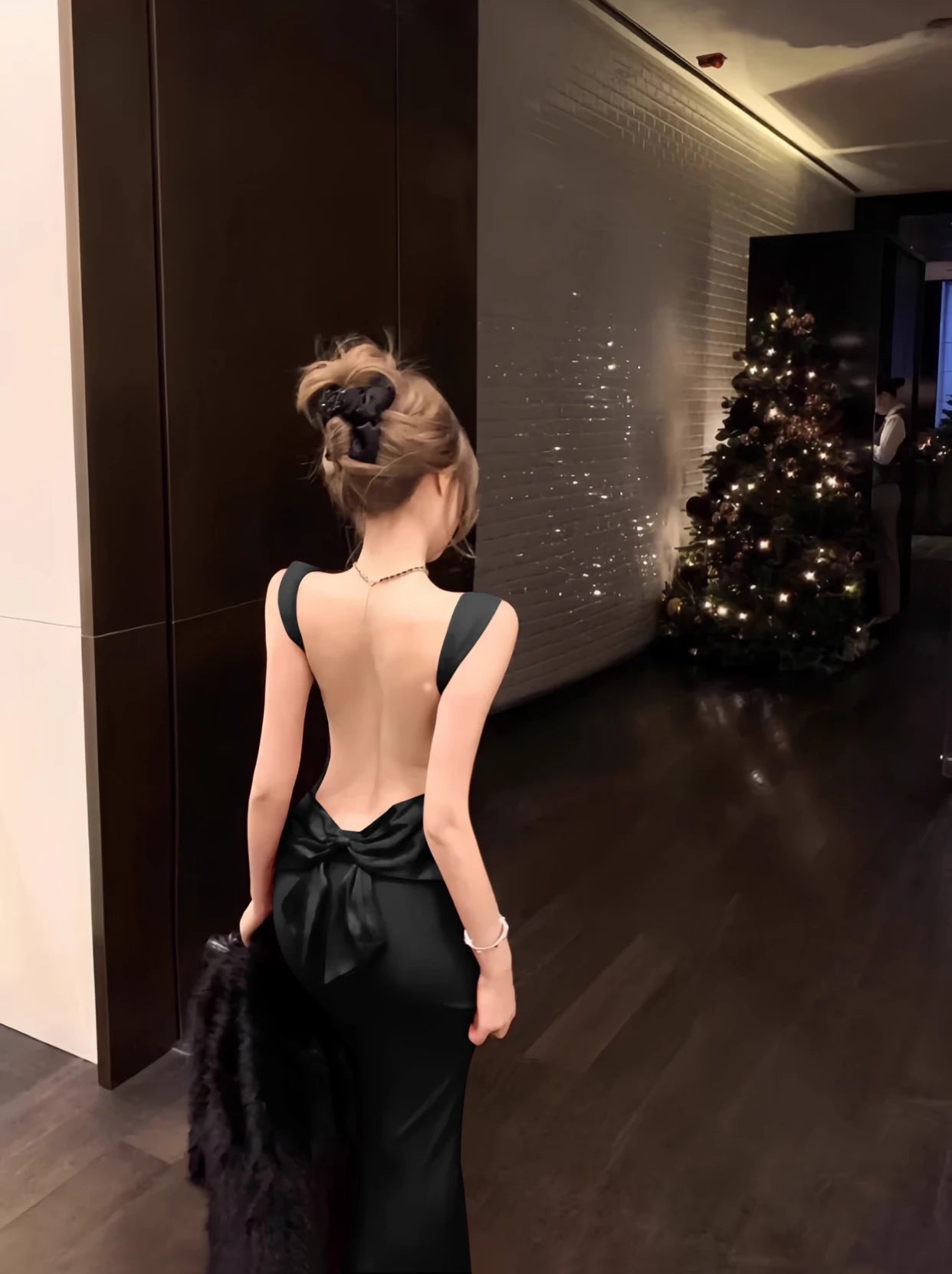 Elegant Black Bowknot Backless Mermaid Long Sleeveless Prom Dress Party Dress Cocktail Dress Homecoming Dress Evening Dress