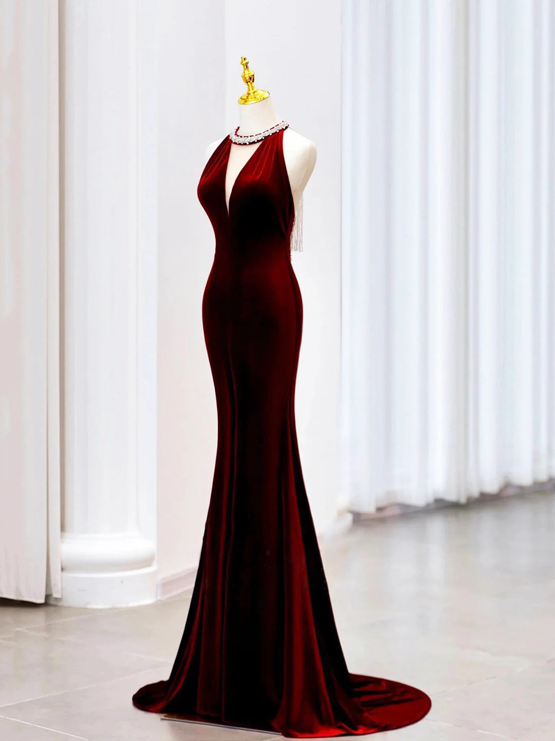 Elegant Burgundy Velvet Lace-up Long Prom Dress Mermaid Backless Party Evening Dress