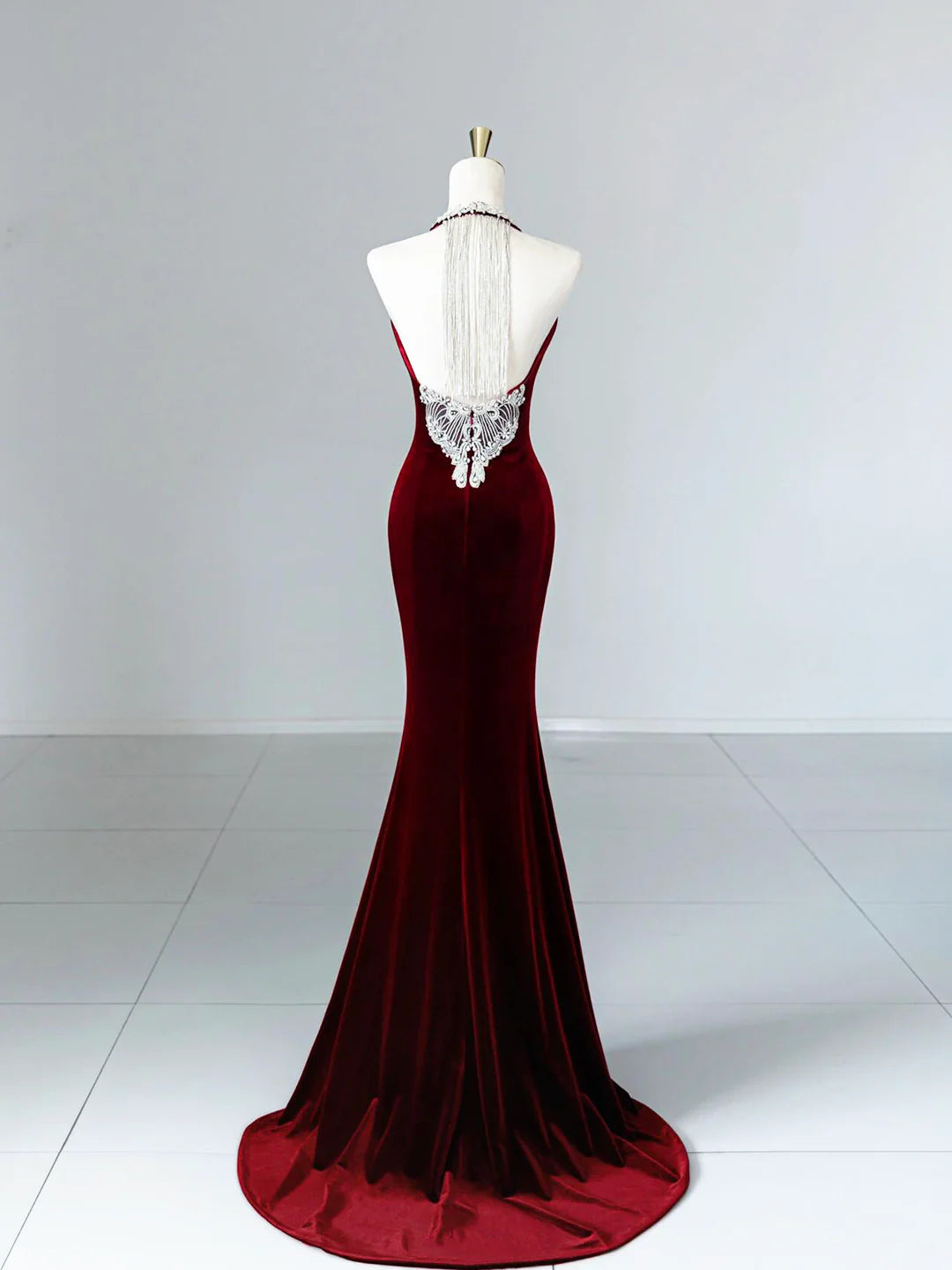 Elegant Burgundy Velvet Lace-up Long Prom Dress Mermaid Backless Party Evening Dress