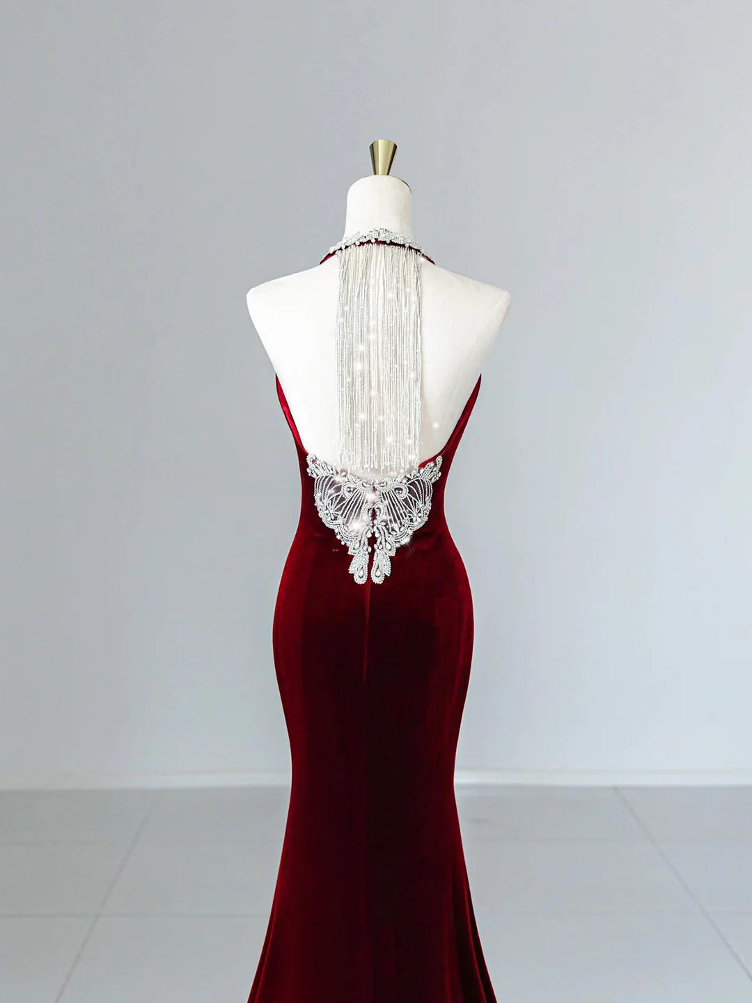 Elegant Burgundy Velvet Lace-up Long Prom Dress Mermaid Backless Party Evening Dress