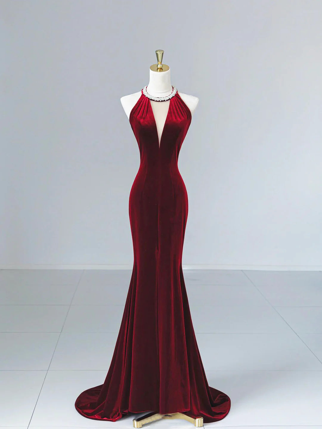 Elegant Burgundy Velvet Lace-up Long Prom Dress Mermaid Backless Party Evening Dress