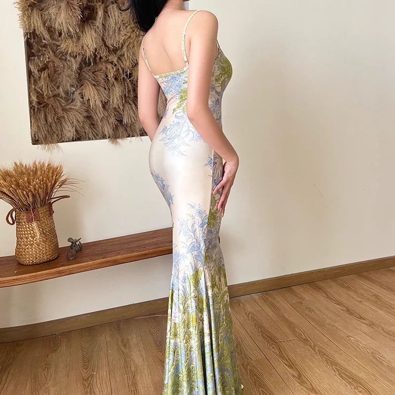 Elegant Floral Spaghetti Strap Mermaid Long Sleeveless Summer Dress Prom Dress Party Dress Cocktail Dress Homecoming Dress Evening Dress