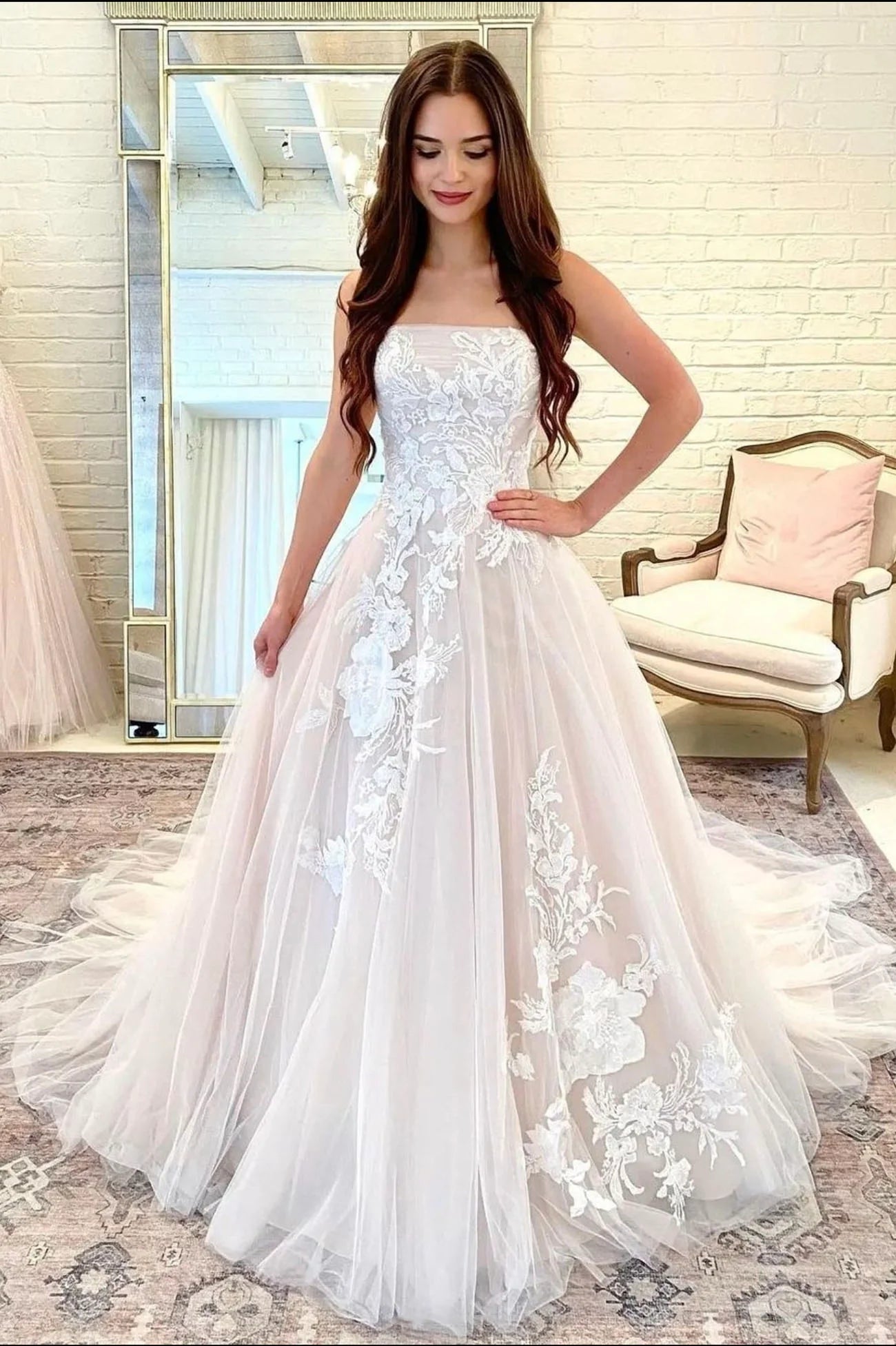 Elegant Formal A-Line Strapless Lace Long Ball Gown Evening Dress Wedding Dress