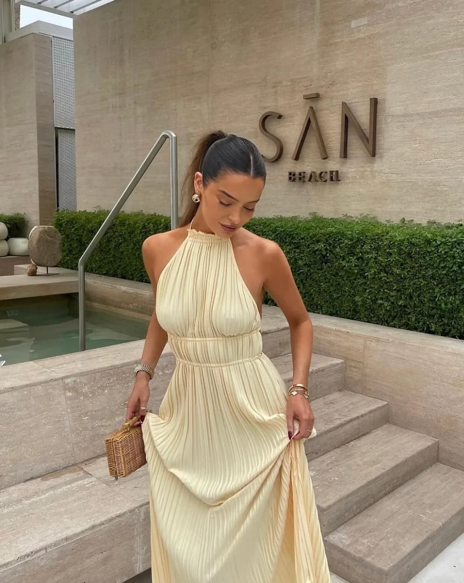 Elegant Halter Backless A-Line Pleated Ankle length Prom Dress Party Dress Cocktail Dress Homecoming Dress Evening Dress