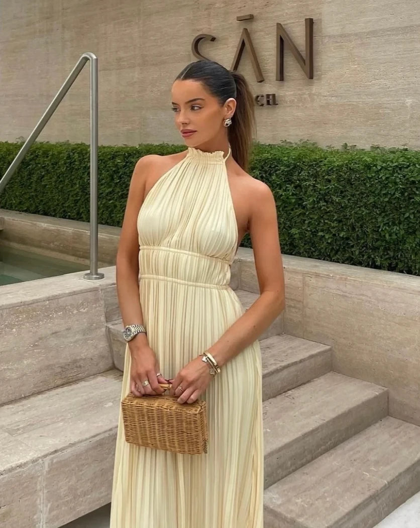 Elegant Halter Backless A-Line Pleated Ankle length Prom Dress Party Dress Cocktail Dress Homecoming Dress Evening Dress