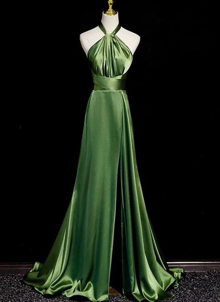 Elegant Halter Open Back Green A-Line Long Prom Dress Party Dress Cocktail Dress Homecoming Dress Evening Dress
