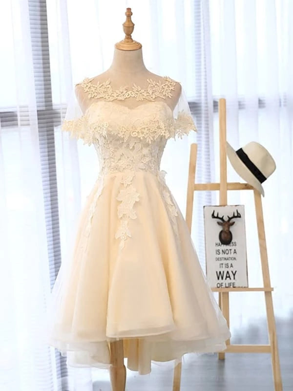 Elegant High Low Short Light Champagne Lace Prom High Low Light Champagne Lace Homecoming Champagne Lace Formal Evening