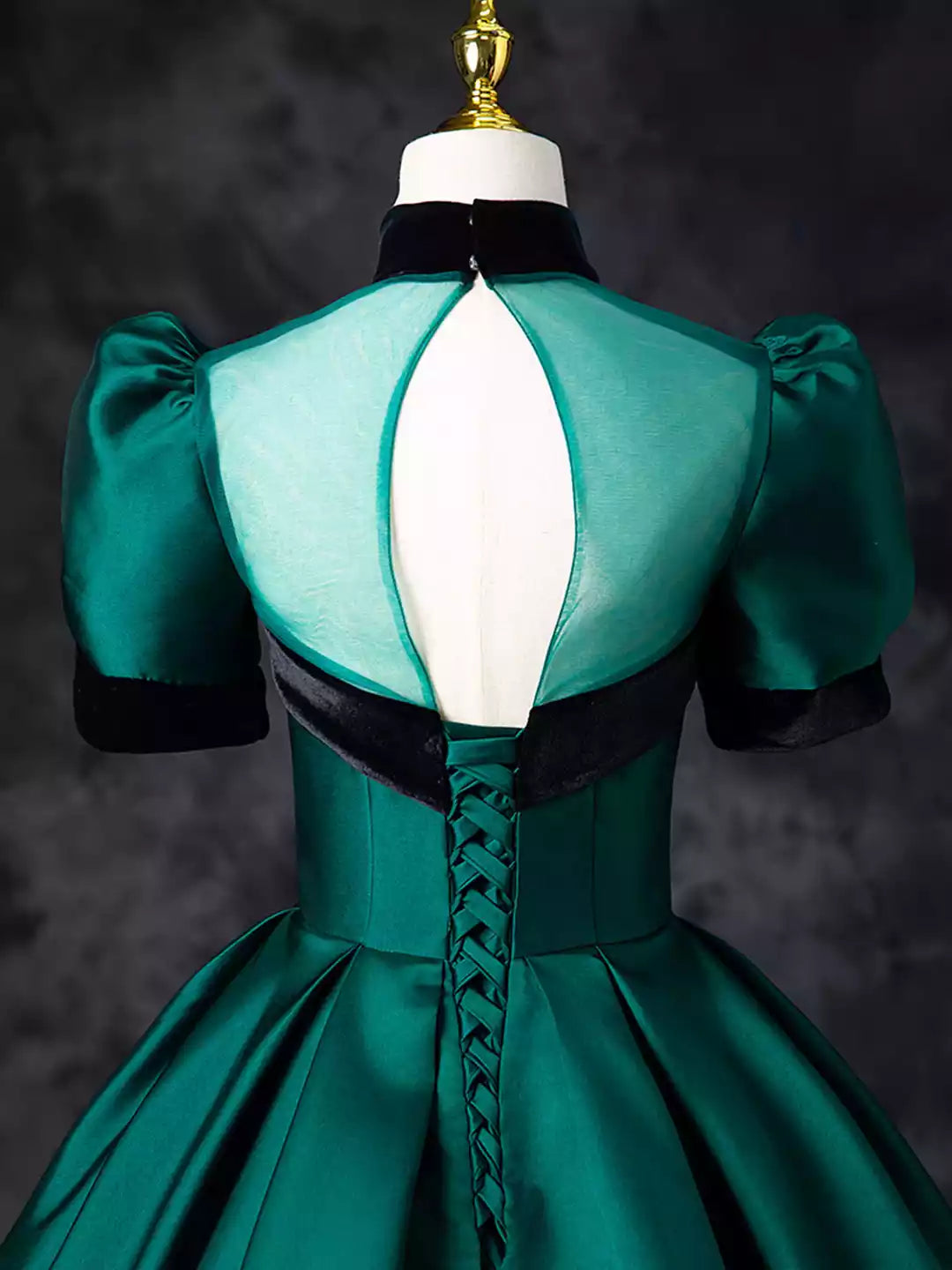 Elegant High Neck Green Satin Floor Length See-Through Ball Gown Formal Evening Dress