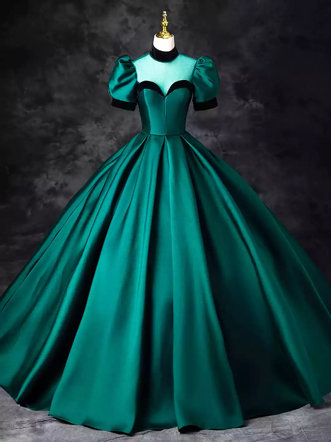 Elegant High Neck Green Satin Floor Length See-Through Ball Gown Formal Evening Dress