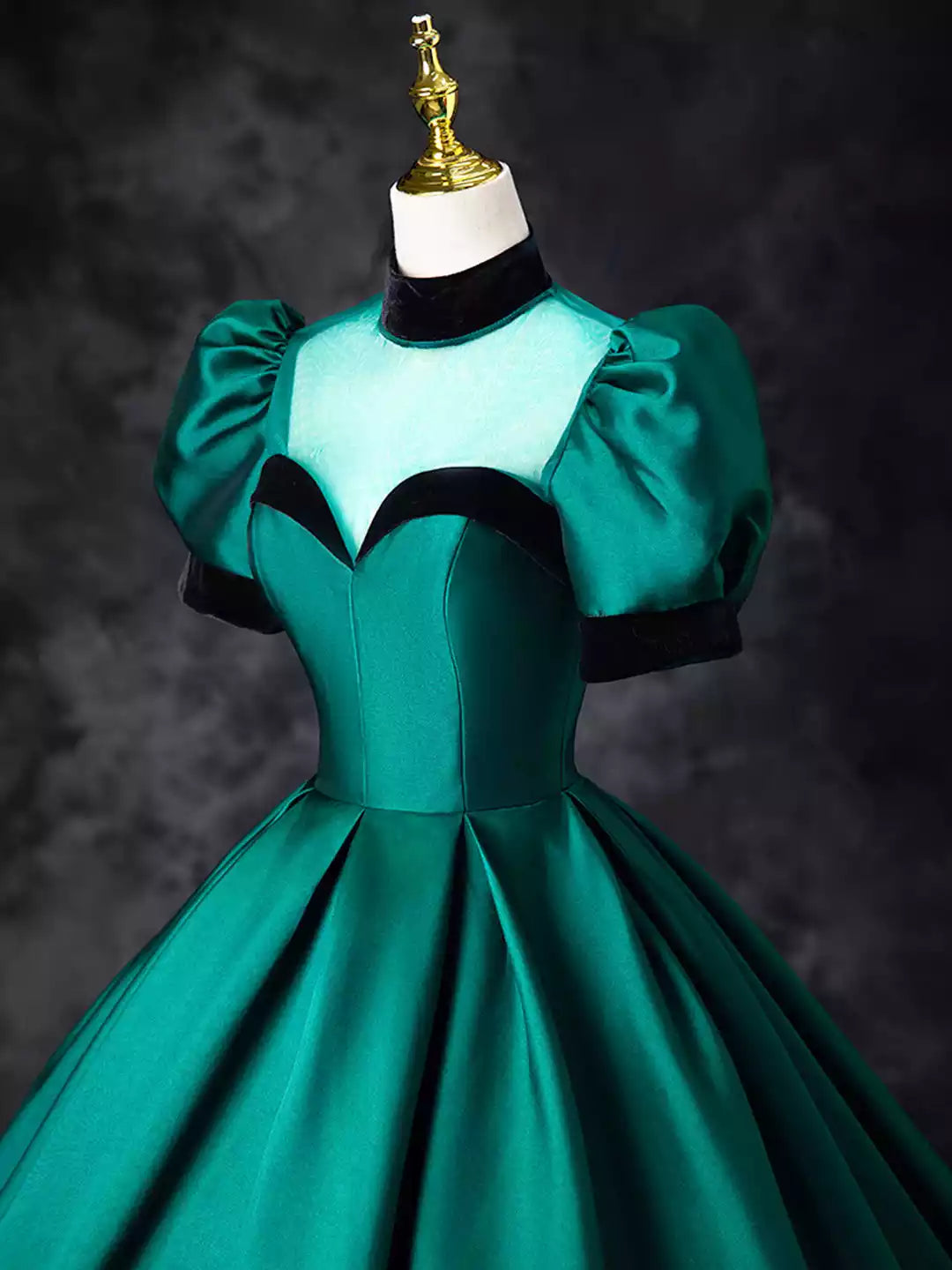 Elegant High Neck Green Satin Floor Length See-Through Ball Gown Formal Evening Dress