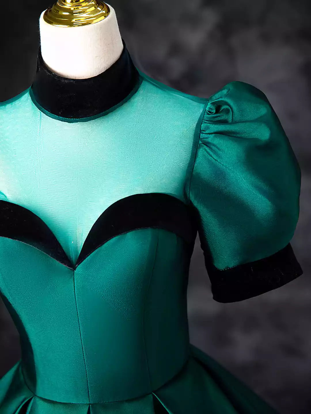 Elegant High Neck Green Satin Floor Length See-Through Ball Gown Formal Evening Dress