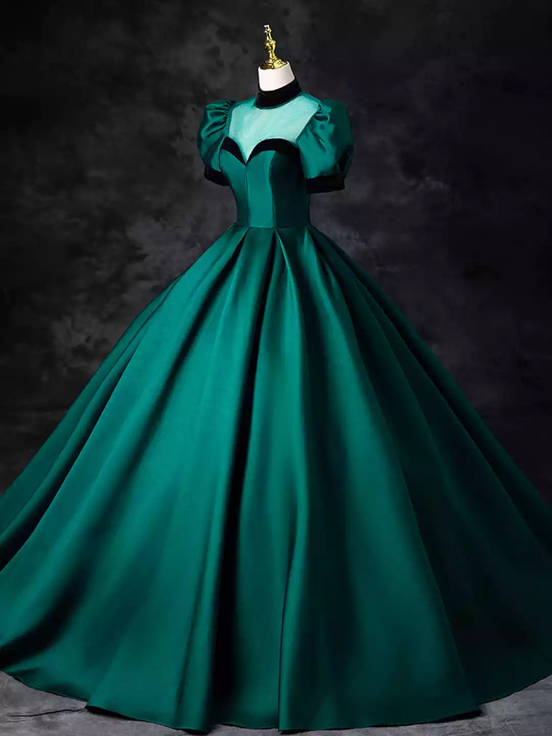 Elegant High Neck Green Satin Floor Length See-Through Ball Gown Formal Evening Dress