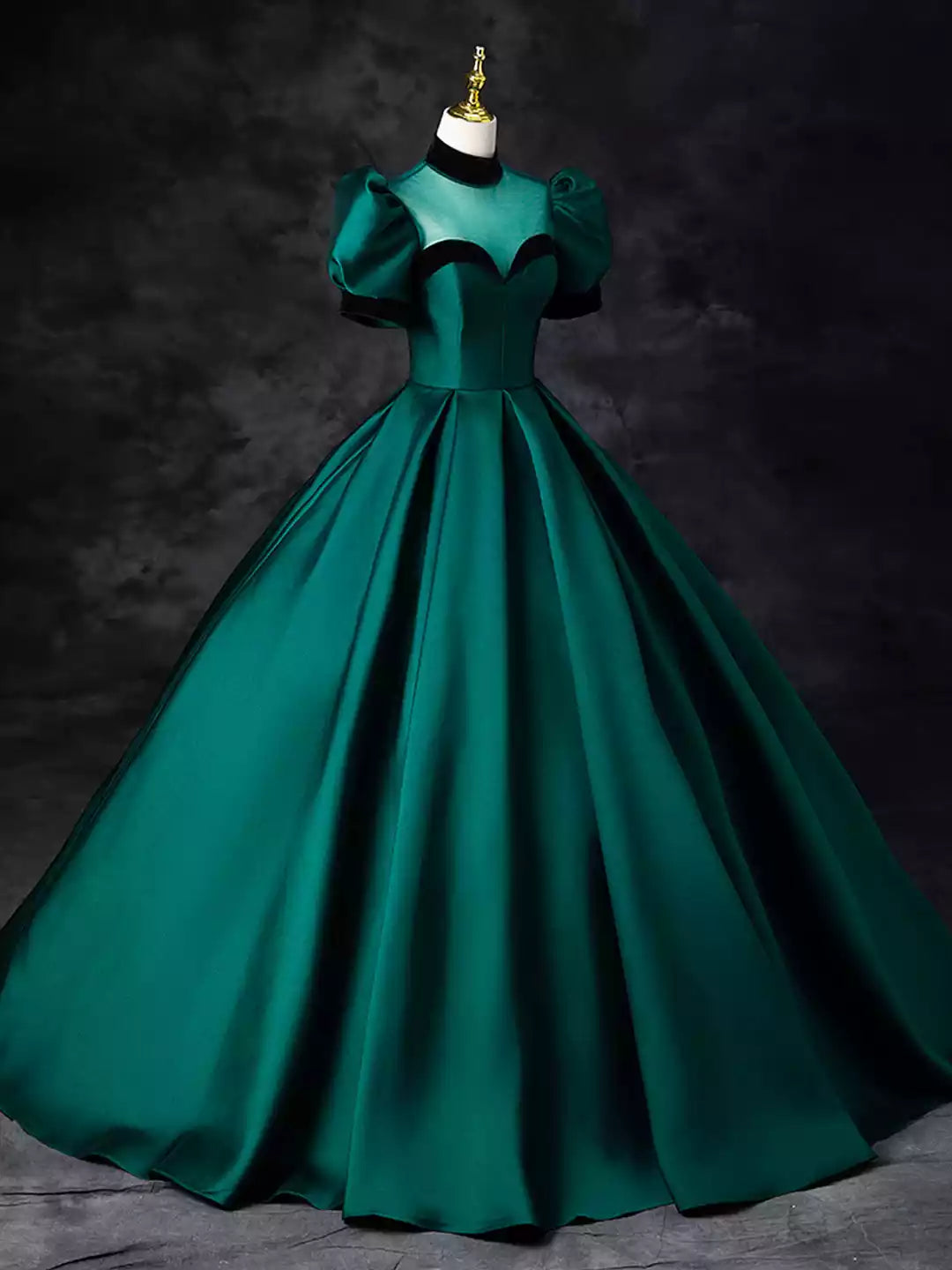 Elegant High Neck Green Satin Floor Length See-Through Ball Gown Formal Evening Dress