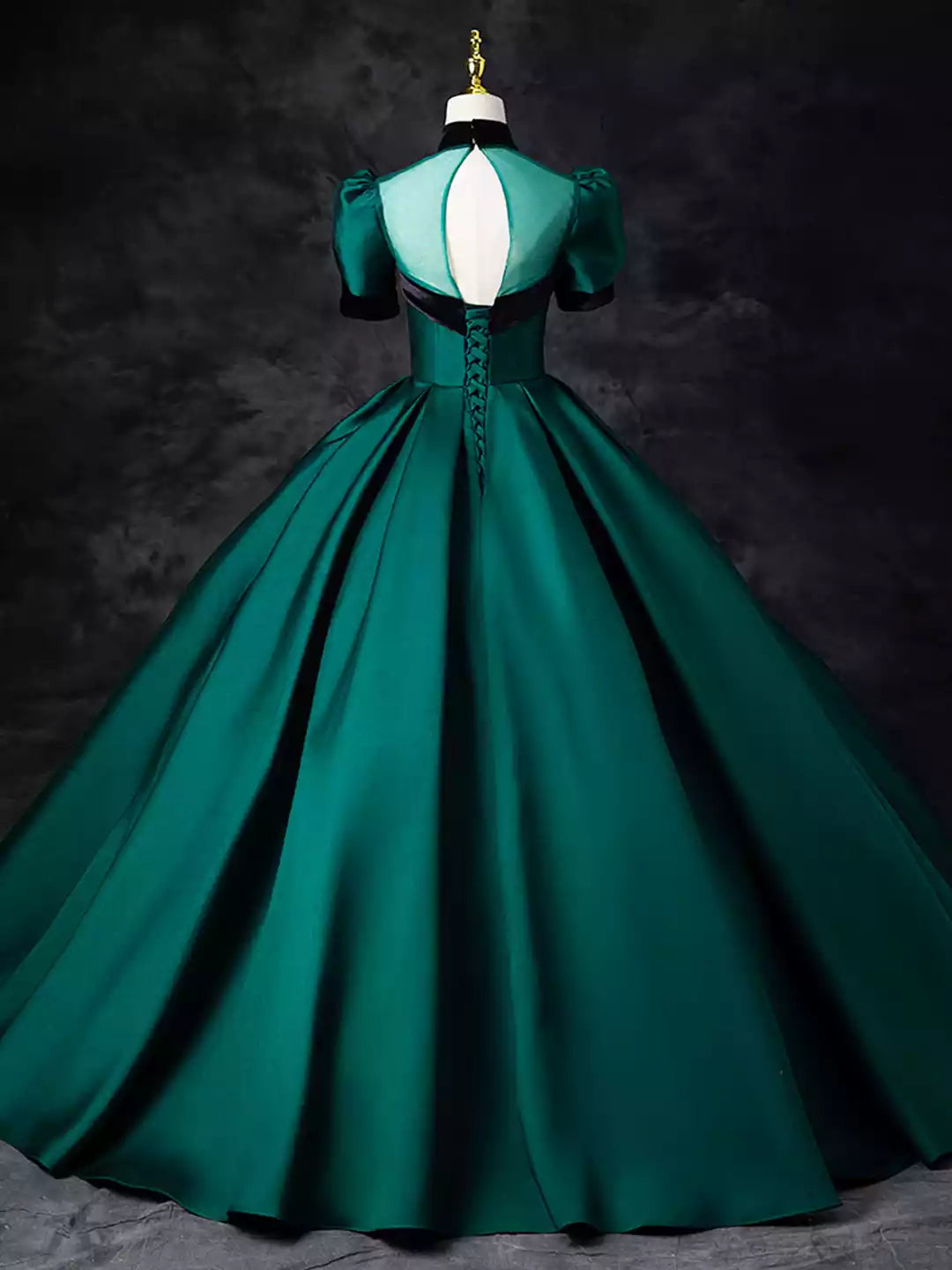 Elegant High Neck Green Satin Floor Length See-Through Ball Gown Formal Evening Dress
