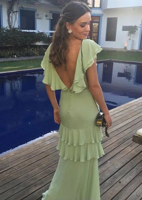 Elegant Light Green Backless A-Line Ruffles Prom Dress Party Dress Cocktail Dress Homecoming Dress Evening Dress
