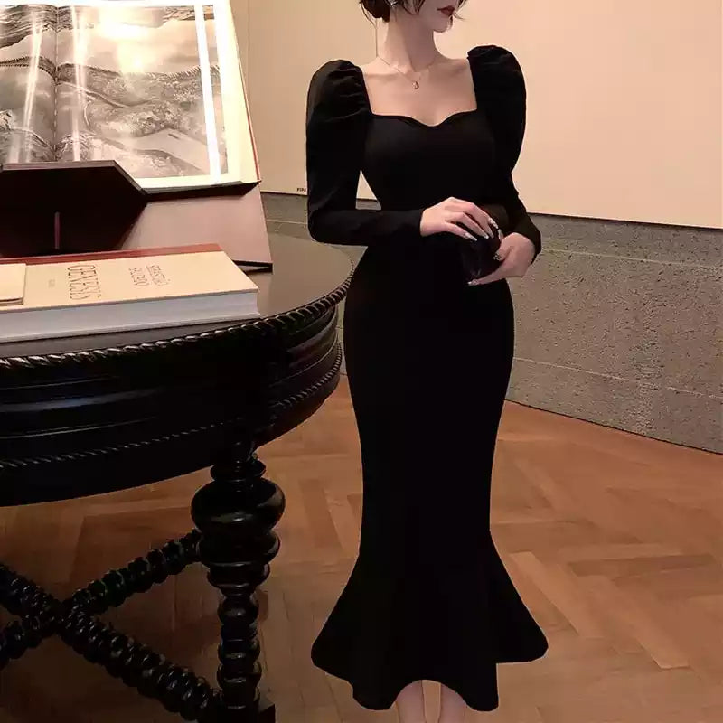 Elegant Mermaid Black Long sleeves  Long Dress Vintage Gothic Evening Party Dress
