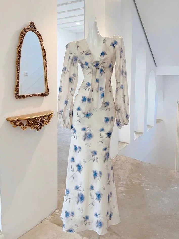 Elegant Mermaid Long Sleeve Blue Floral  V-neck Chiffon Floor length Wedding Dress Prom Dress Cocktail Dress Homecoming Dress Evening Dress Party Dress