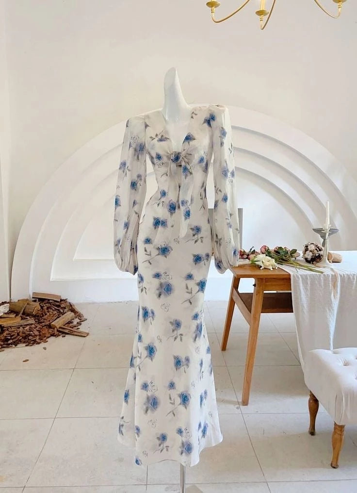 Elegant Mermaid Long Sleeve Blue Floral  V-neck Chiffon Floor length Wedding Dress Prom Dress Cocktail Dress Homecoming Dress Evening Dress Party Dress