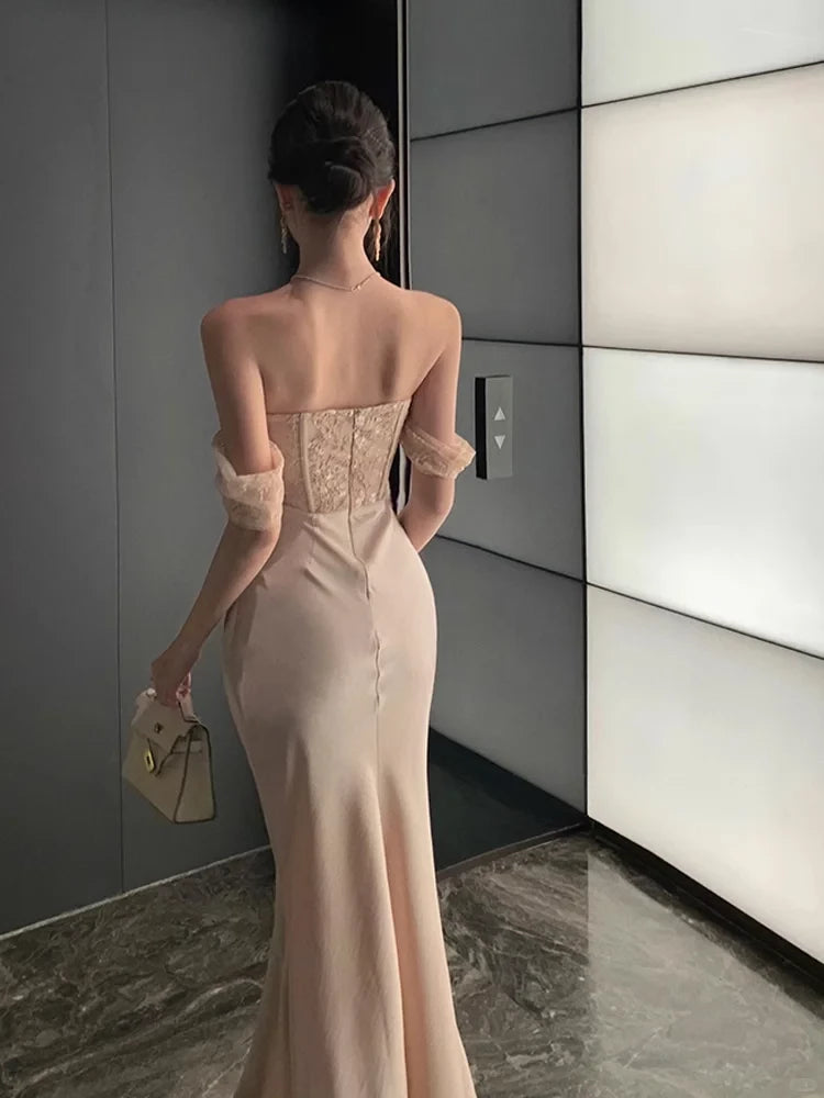 Elegant Mermaid Off the Shoulder Apricot Lace Satin Floor length Sleeveless Off-the-shoulder Prom Dress Cocktail Dress Homecoming Dress Evening Dress