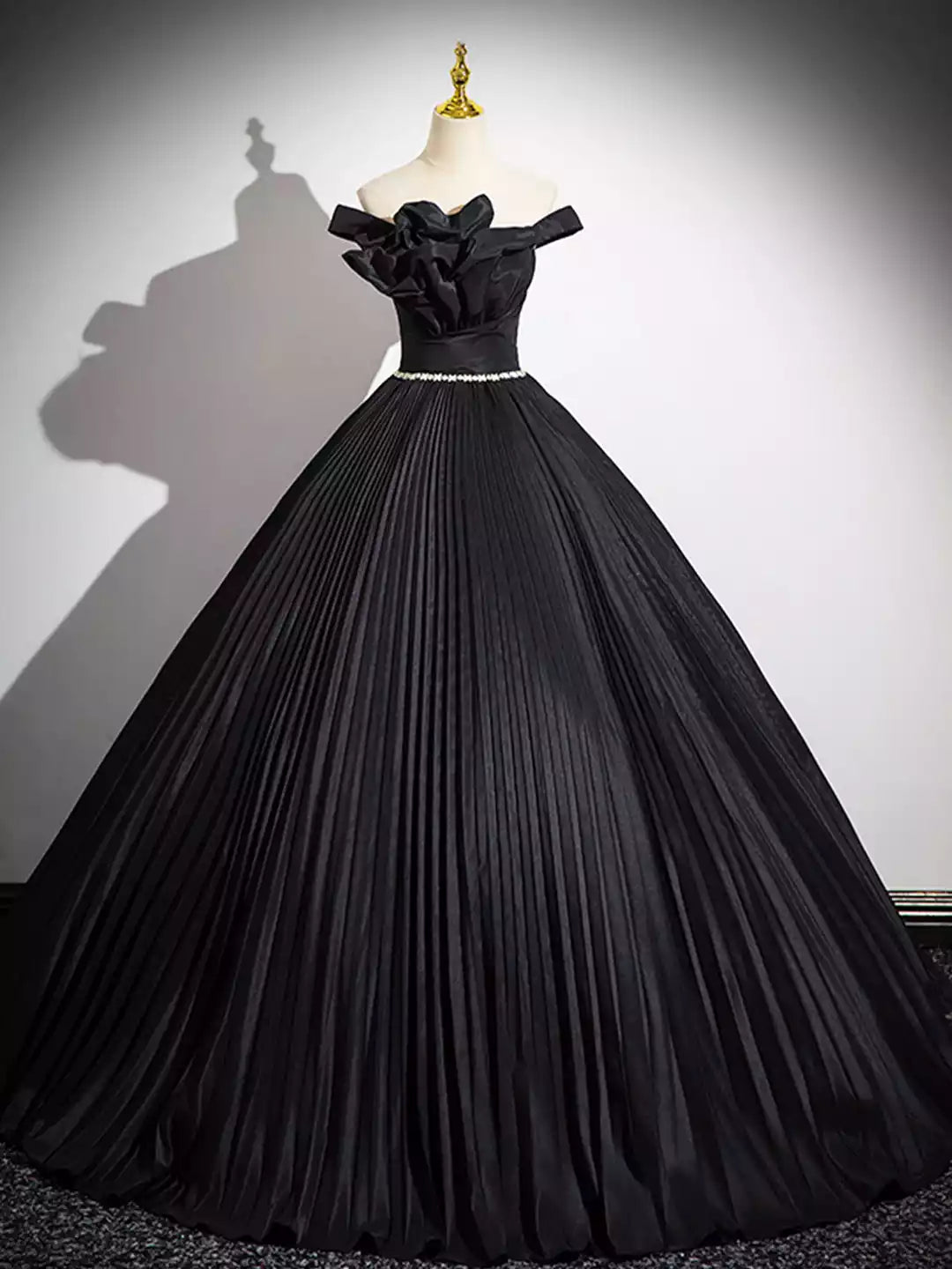 Elegant Off the Shoulder Black Pleated Long A-line Party Gown with Rhinestone Sash Formal Evening Dress