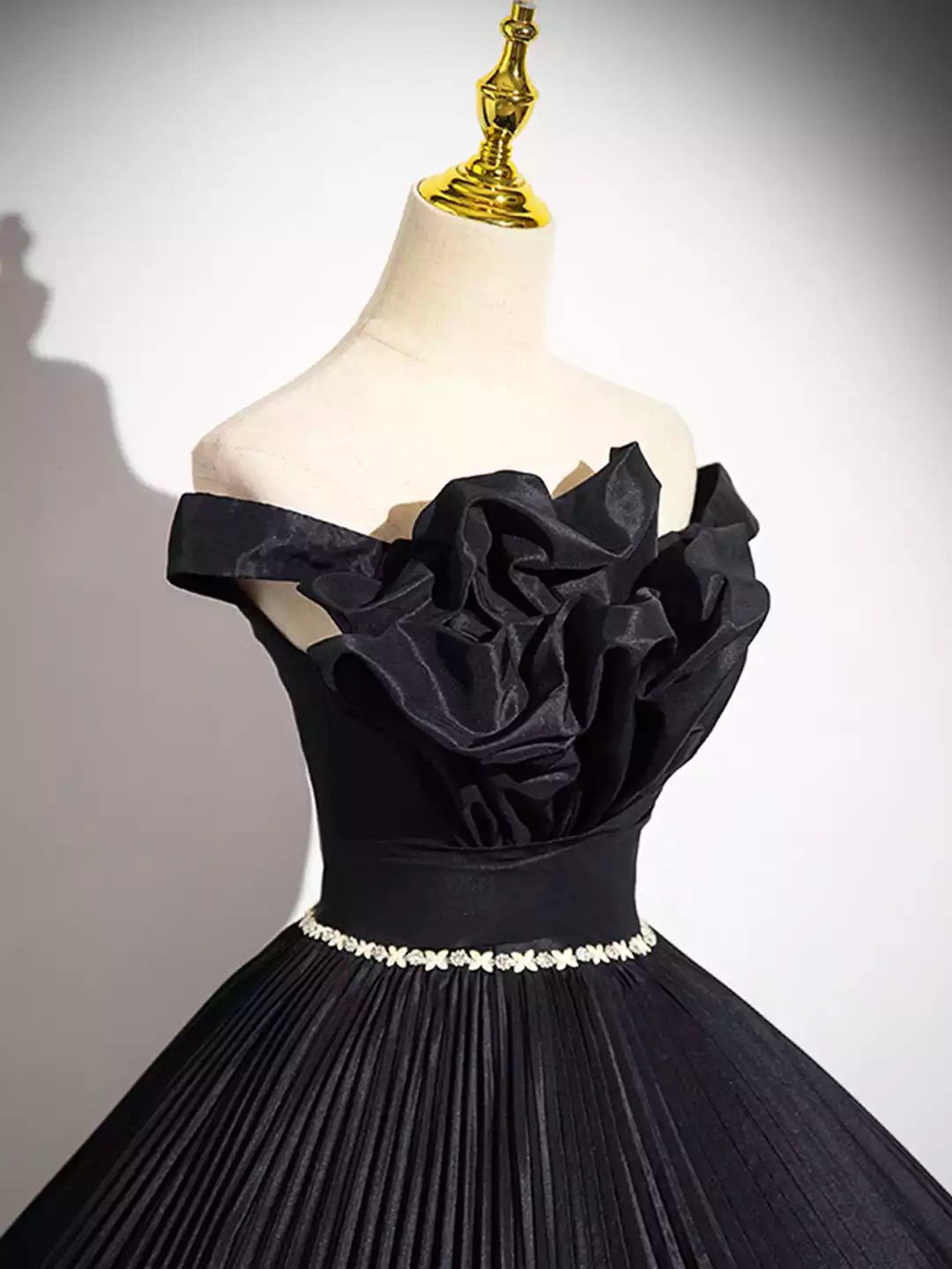 Elegant Off the Shoulder Black Pleated Long A-line Party Gown with Rhinestone Sash Formal Evening Dress
