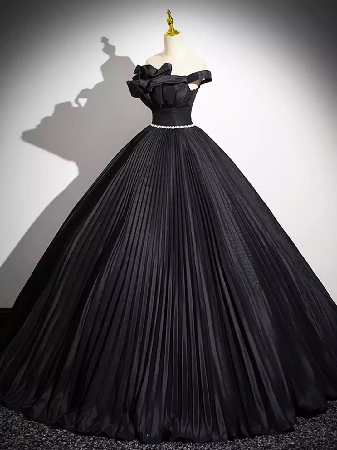 Elegant Off the Shoulder Black Pleated Long A-line Party Gown with Rhinestone Sash Formal Evening Dress