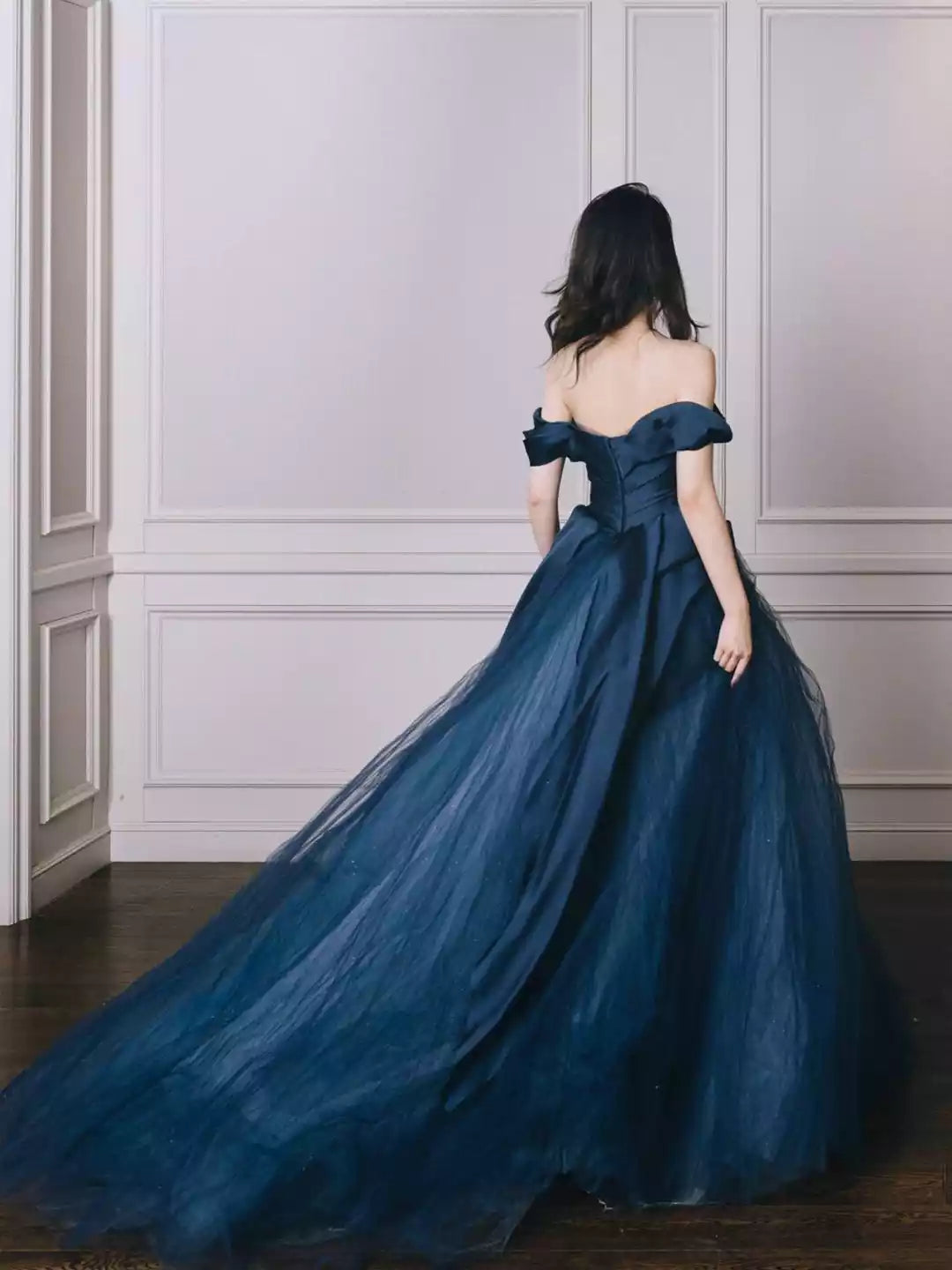 Elegant Off the Shoulder Blue Tulle Long Prom Dress Formal Party Dress