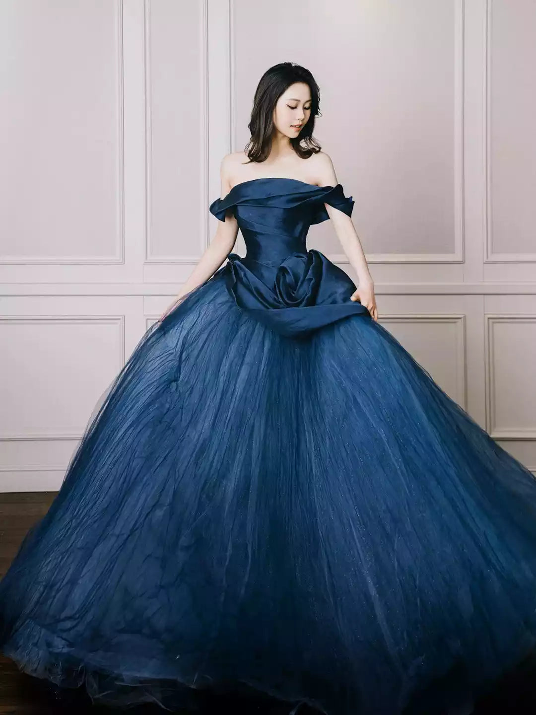 Elegant Off the Shoulder Blue Tulle Long Prom Dress Formal Party Dress