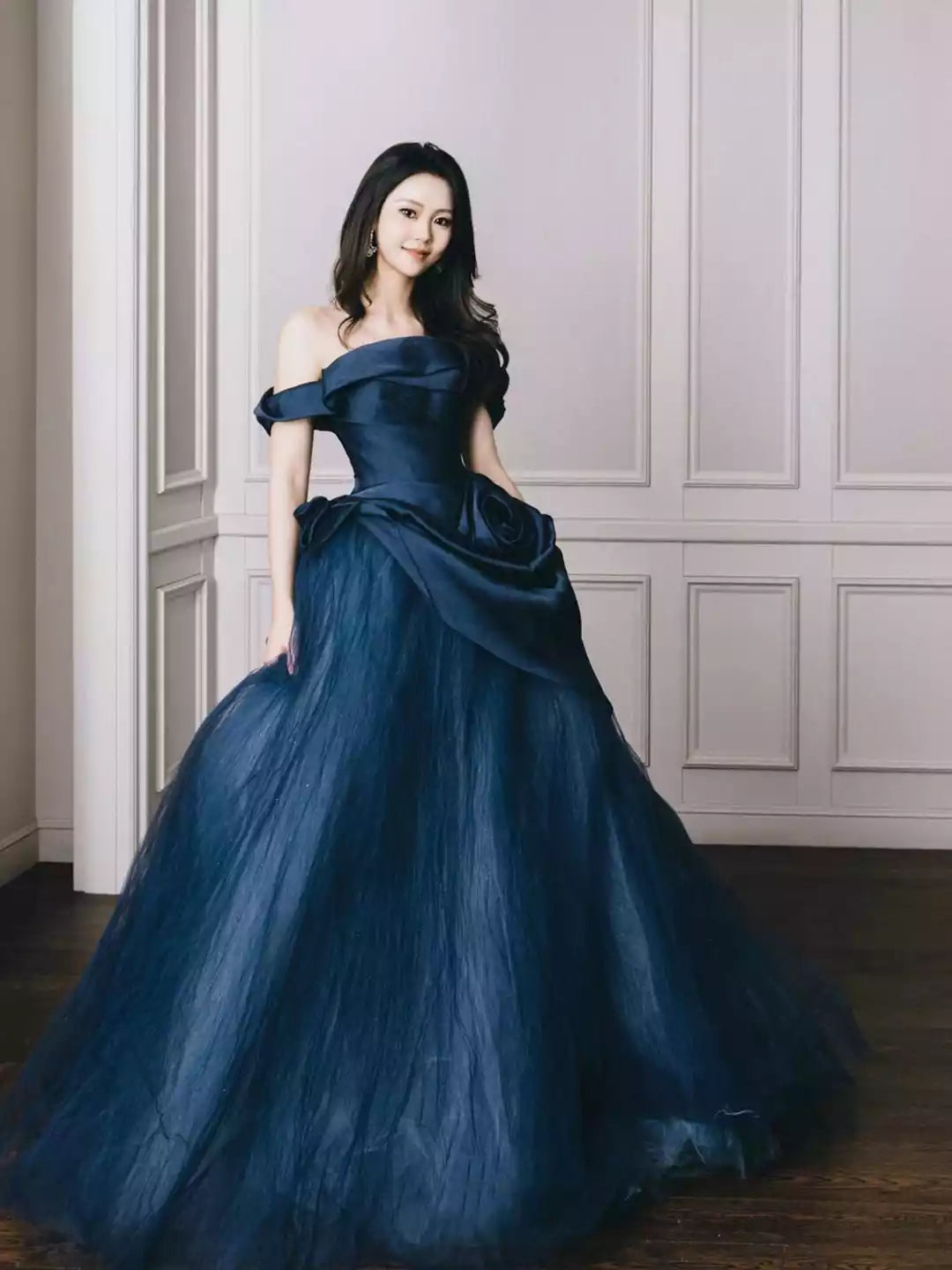 Elegant Off the Shoulder Blue Tulle Long Prom Dress Formal Party Dress