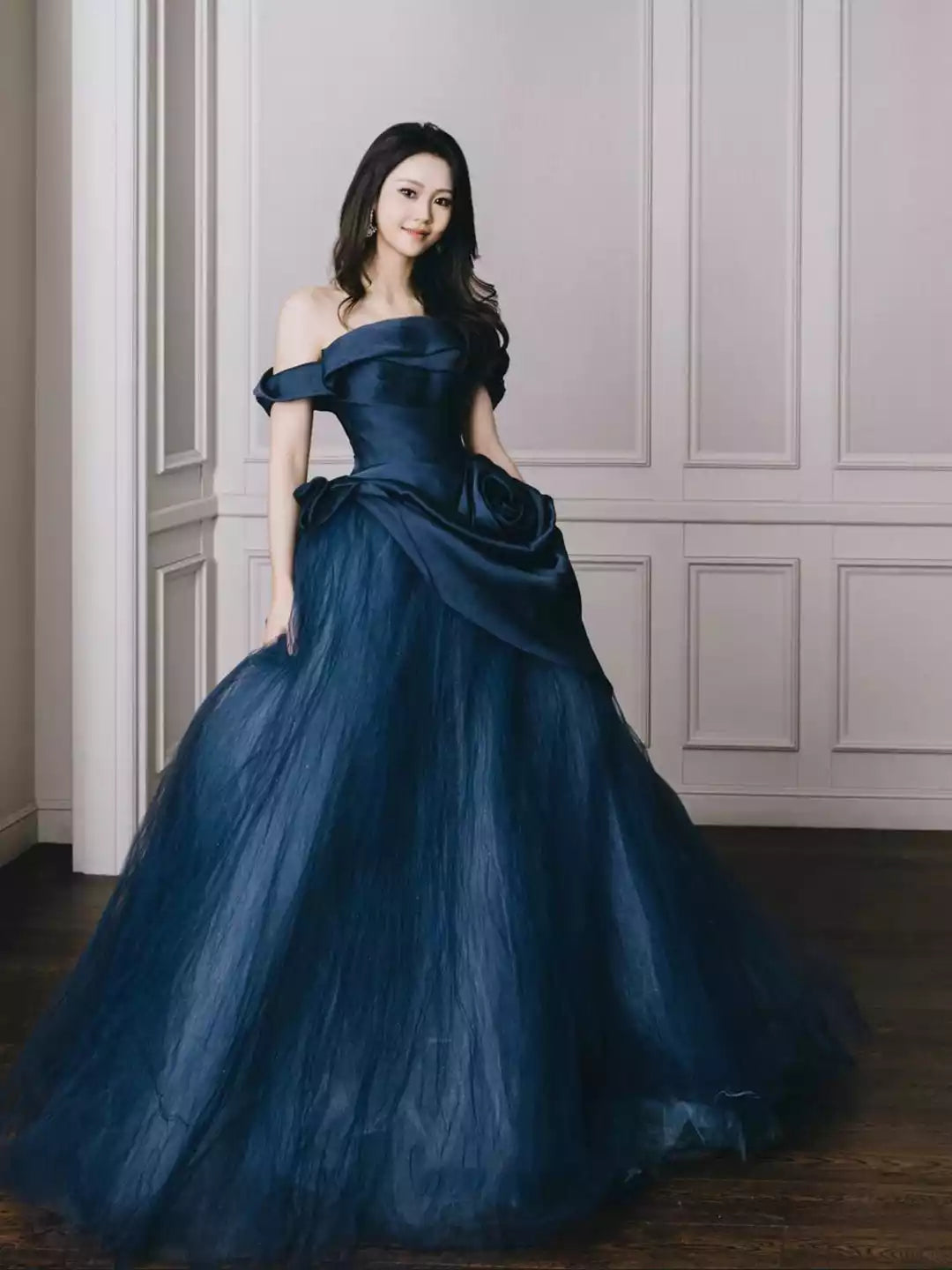 Elegant Off the Shoulder Blue Tulle Long Prom Dress Formal Party Dress