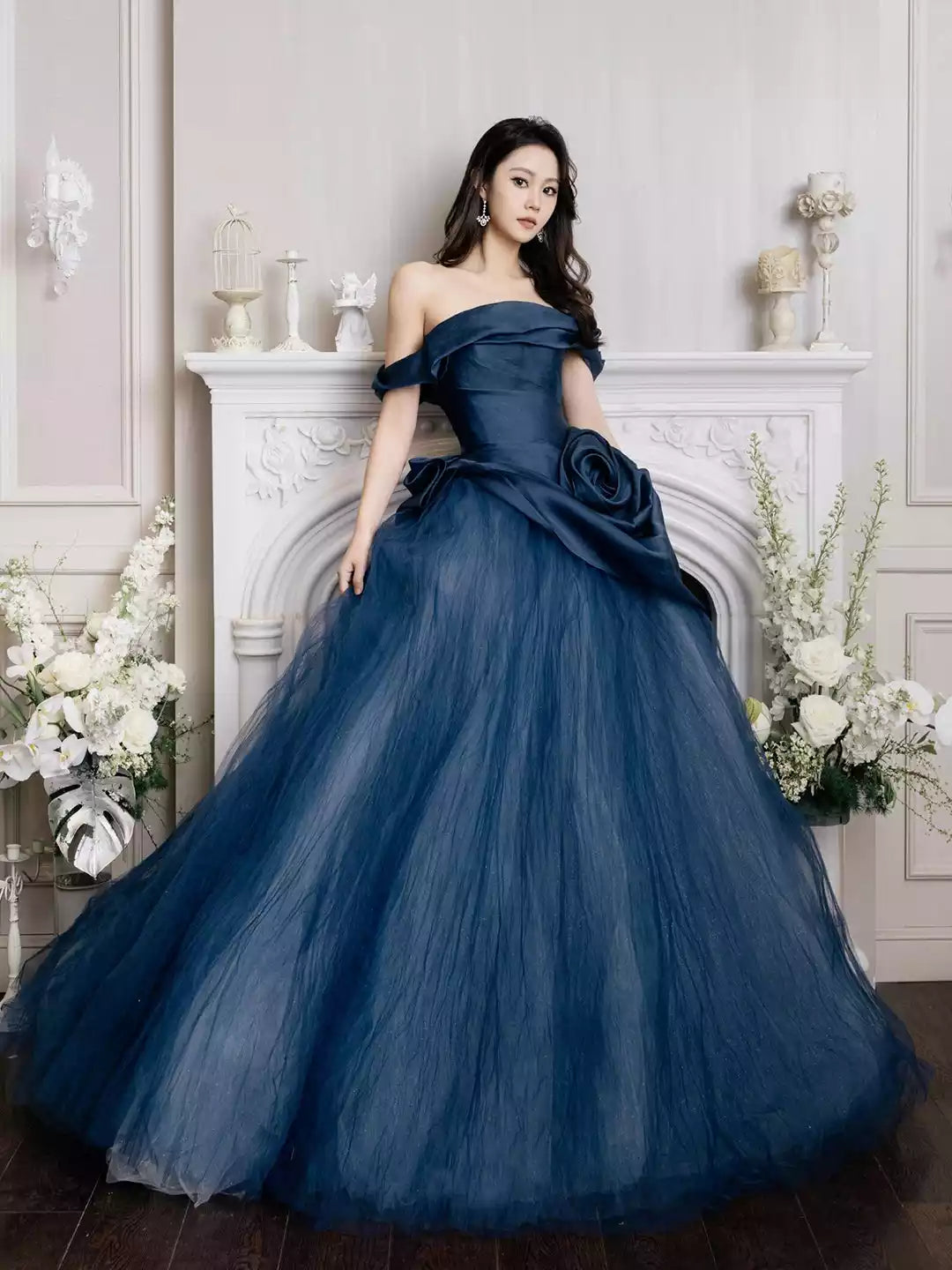 Elegant Off the Shoulder Blue Tulle Long Prom Dress Formal Party Dress